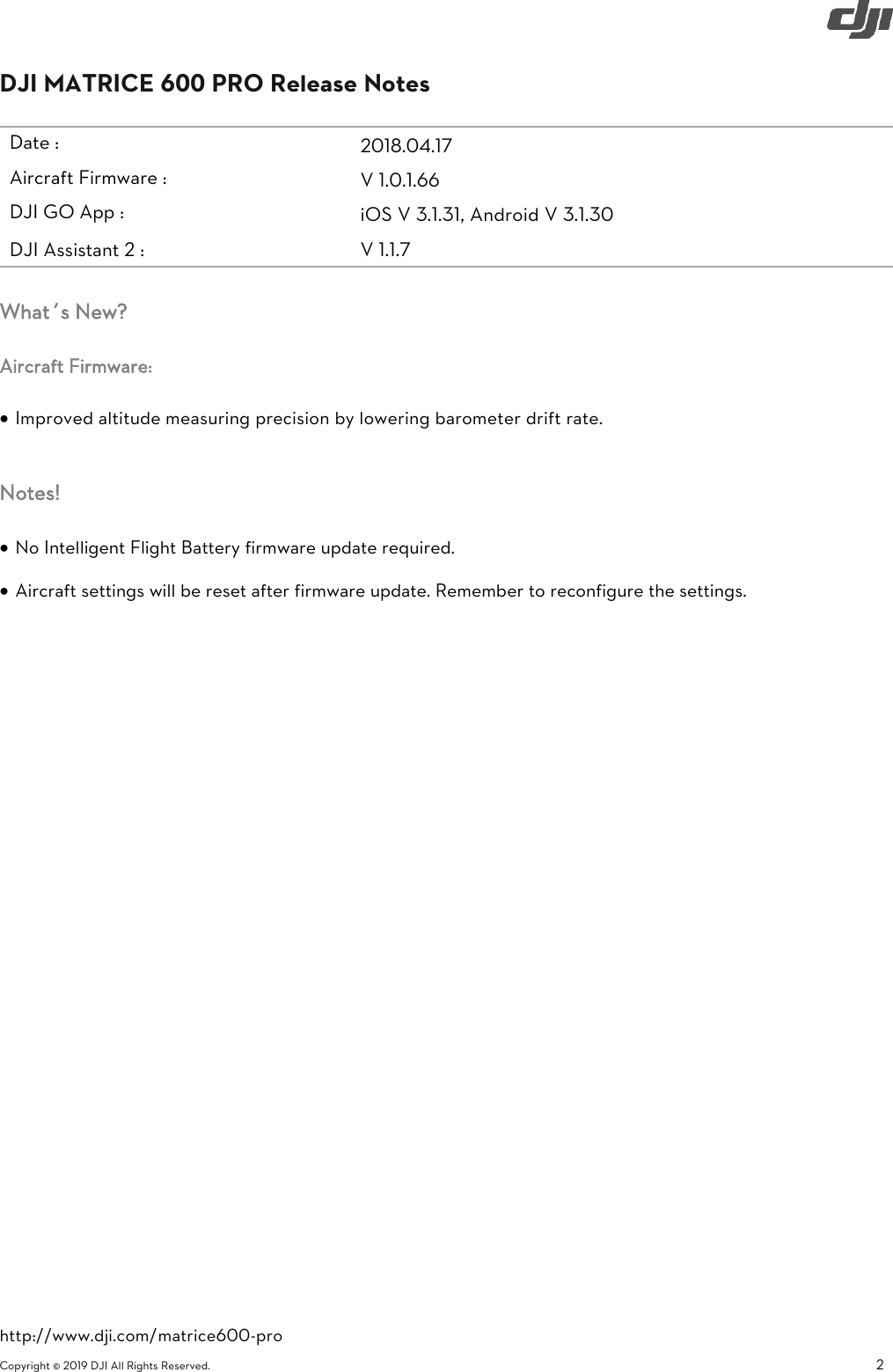 Page 2 of 9 - DJI Matrice 600 Pro Specs, FAQ, Tutorials And S - User Manual M600 Release Notes En 20190226