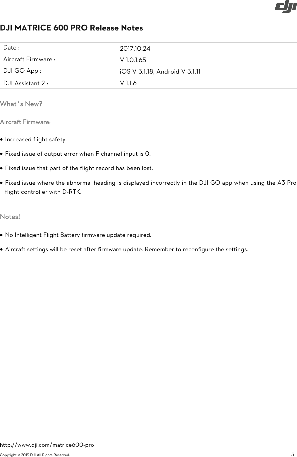 Page 3 of 9 - DJI Matrice 600 Pro Specs, FAQ, Tutorials And S - User Manual M600 Release Notes En 20190226