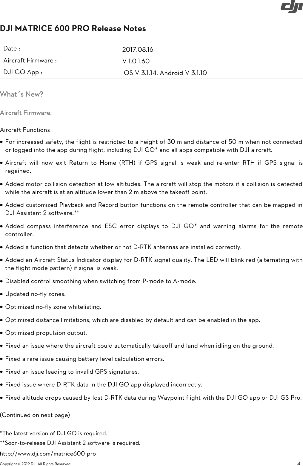 Page 4 of 9 - DJI Matrice 600 Pro Specs, FAQ, Tutorials And S - User Manual M600 Release Notes En 20190226