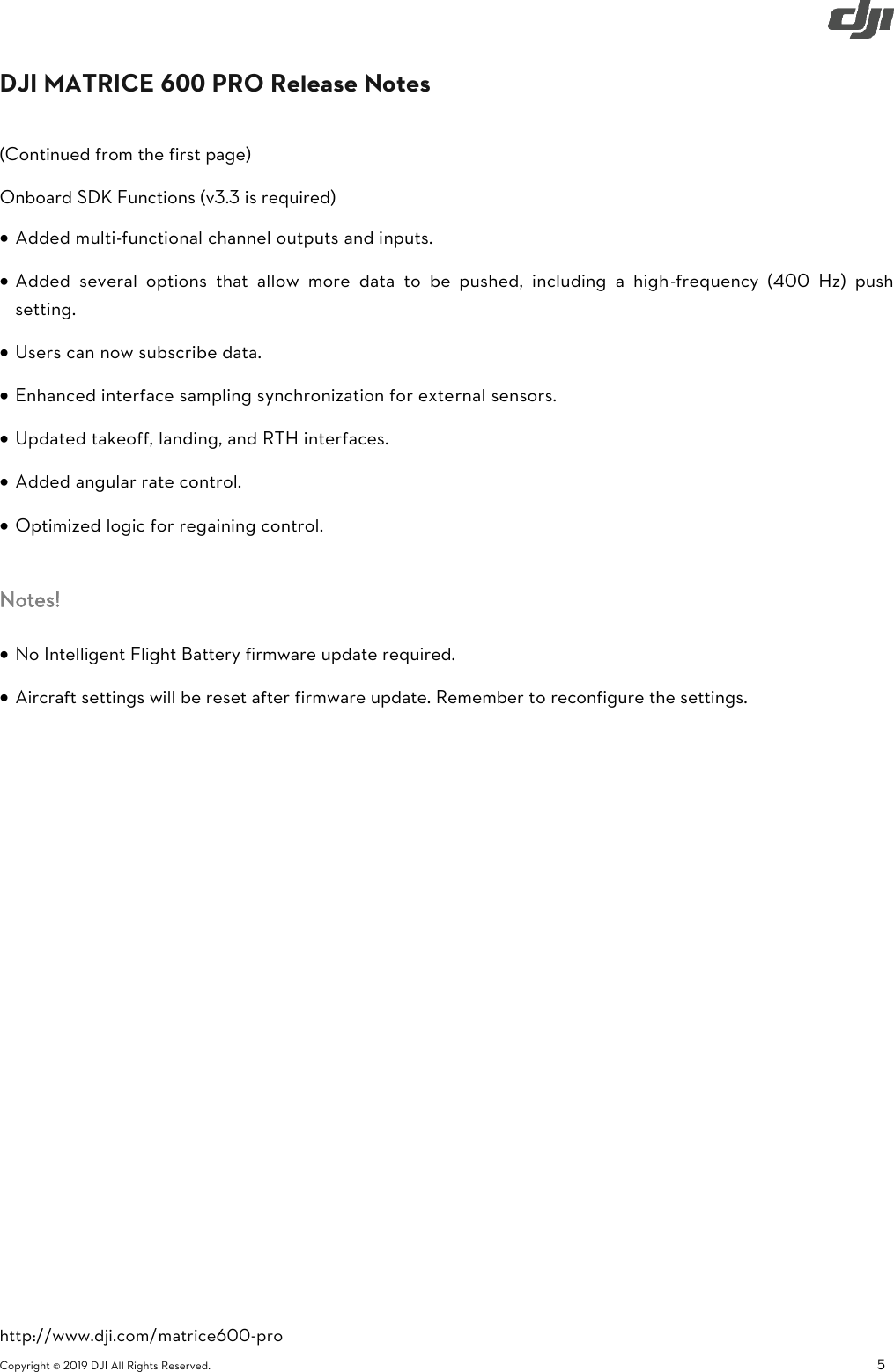 Page 5 of 9 - DJI Matrice 600 Pro Specs, FAQ, Tutorials And S - User Manual M600 Release Notes En 20190226