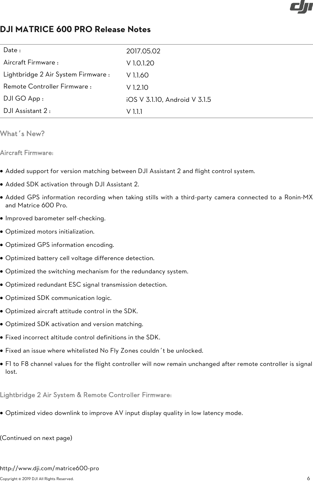 Page 6 of 9 - DJI Matrice 600 Pro Specs, FAQ, Tutorials And S - User Manual M600 Release Notes En 20190226