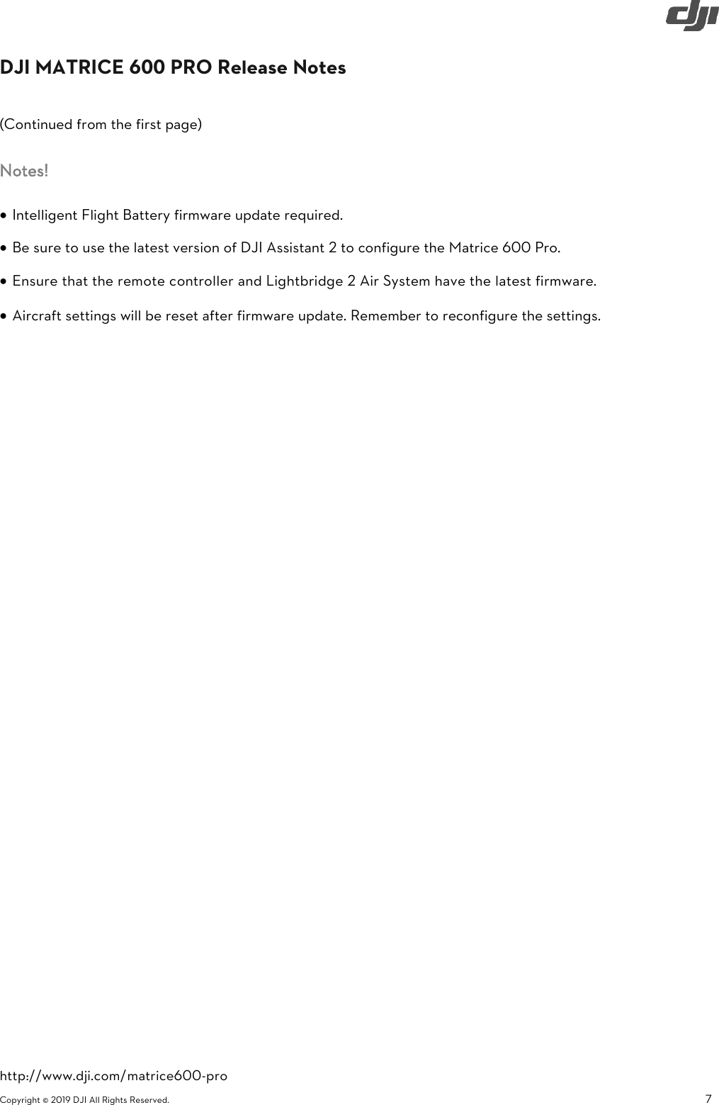 Page 7 of 9 - DJI Matrice 600 Pro Specs, FAQ, Tutorials And S - User Manual M600 Release Notes En 20190226