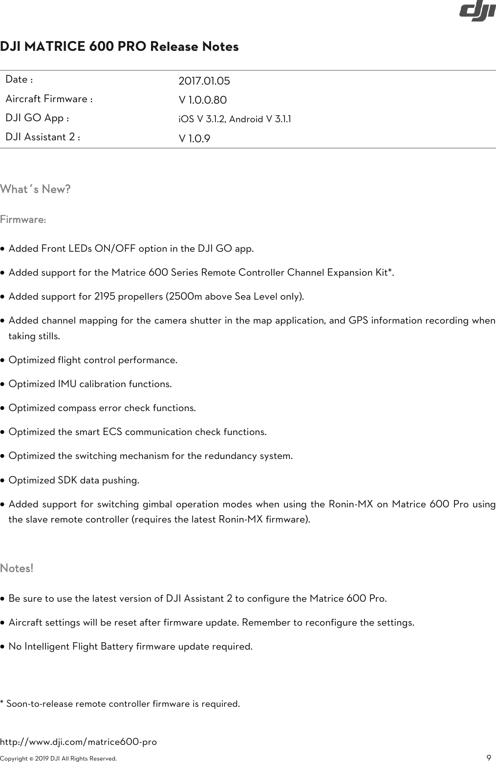 Page 9 of 9 - DJI Matrice 600 Pro Specs, FAQ, Tutorials And S - User Manual M600 Release Notes En 20190226