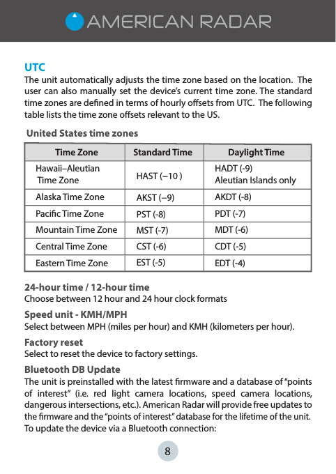 UTCThe unit automatically adjusts the time zone based on the location.  The user can  also manually  set the  device’s current  time zone. The standard time zones are dened in terms of hourly osets from UTC.  The following table lists the time zone osets relevant to the US. United States time zones  24-hour time / 12-hour timeChoose between 12 hour and 24 hour clock formatsSpeed unit - KMH/MPHSelect between MPH (miles per hour) and KMH (kilometers per hour).   Factory resetSelect to reset the device to factory settings.  Bluetooth DB UpdateThe unit is preinstalled with the latest rmware and a database of “points of  interest”  (i.e.  red  light  camera  locations,  speed  camera  locations, dangerous intersections, etc.). American Radar will provide free updates to the rmware and the “points of interest” database for the lifetime of the unit. To update the device via a Bluetooth connection:8       Time Zone                  Standard Time                 Daylight TimeHawaii–Aleutian Time ZoneAlaska Time ZonePacic Time ZoneMountain Time ZoneCentral Time ZoneEastern Time ZoneHADT (-9) Aleutian Islands onlyAKDT (-8)PDT (-7)MDT (-6)CDT (-5)EDT (-4)HAST (−10 )AKST (−9)PST (-8)MST (-7)CST (-6)EST (-5)