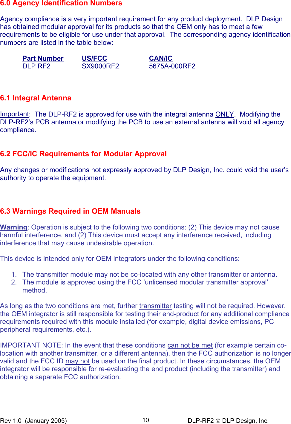 Rev 1.0  (January 2005)     DLP-RF2  DLP Design, Inc. 106.0 Agency Identification Numbers  Agency compliance is a very important requirement for any product deployment.  DLP Design has obtained modular approval for its products so that the OEM only has to meet a few requirements to be eligible for use under that approval.  The corresponding agency identification numbers are listed in the table below:  Part Number  US/FCC  CAN/IC   DLP RF2  SX9000RF2  5675A-000RF2          6.1 Integral Antenna   Important:  The DLP-RF2 is approved for use with the integral antenna ONLY.  Modifying the DLP-RF2’s PCB antenna or modifying the PCB to use an external antenna will void all agency compliance.   6.2 FCC/IC Requirements for Modular Approval  Any changes or modifications not expressly approved by DLP Design, Inc. could void the user’s authority to operate the equipment.    6.3 Warnings Required in OEM Manuals  Warning: Operation is subject to the following two conditions: (2) This device may not cause harmful interference, and (2) This device must accept any interference received, including interference that may cause undesirable operation.  This device is intended only for OEM integrators under the following conditions:  1.  The transmitter module may not be co-located with any other transmitter or antenna. 2.  The module is approved using the FCC ‘unlicensed modular transmitter approval’ method.  As long as the two conditions are met, further transmitter testing will not be required. However, the OEM integrator is still responsible for testing their end-product for any additional compliance requirements required with this module installed (for example, digital device emissions, PC peripheral requirements, etc.).  IMPORTANT NOTE: In the event that these conditions can not be met (for example certain co-location with another transmitter, or a different antenna), then the FCC authorization is no longer valid and the FCC ID may not be used on the final product. In these circumstances, the OEM integrator will be responsible for re-evaluating the end product (including the transmitter) and obtaining a separate FCC authorization.   