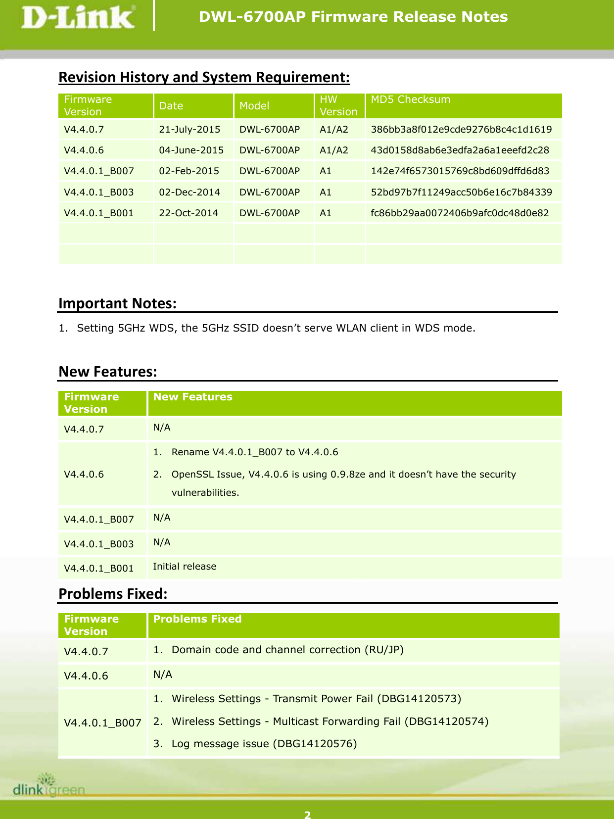 Page 2 of 4 - DLink DWL-6700AP Release Note Notes For FW V4.4.0.7 20150721