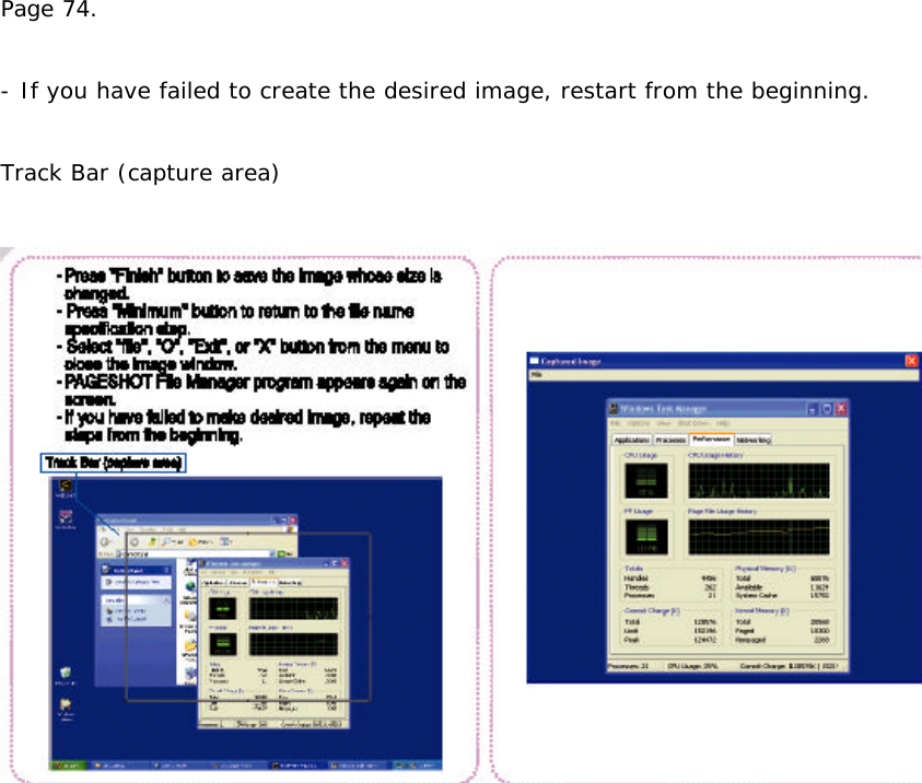 Page 74.  - If you have failed to create the desired image, restart from the beginning.  Track Bar (capture area)   