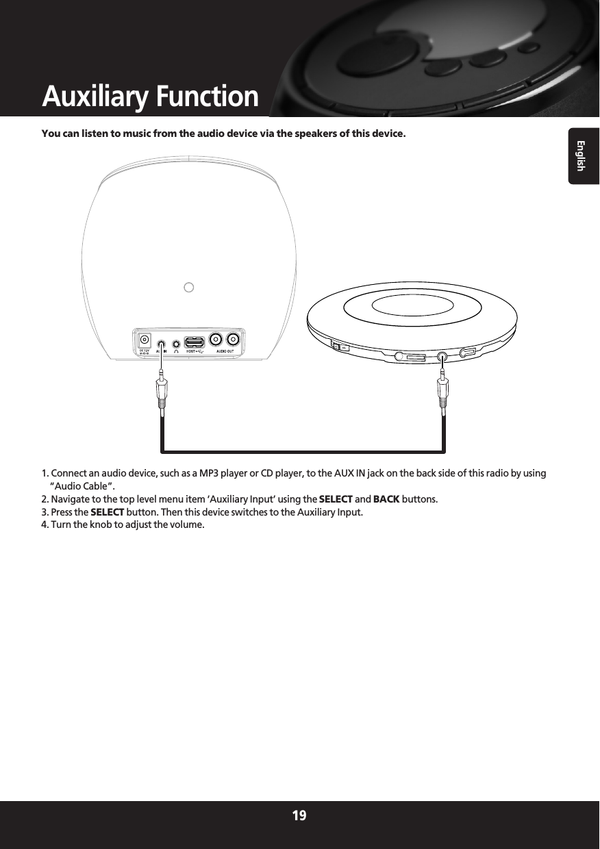 English19Auxiliary FunctionYou can listen to music from the audio device via the speakers of this device.1. Connect an audio device, such as a MP3 player or CD player, to the AUX IN jack on the back side of this radio by using“Audio Cable”.2. Navigate to the top level menu item ‘Auxiliary Input’ using the SELECT and BACK buttons.3. Press the SELECT button. Then this device switches to the Auxiliary Input.4. Turn the knob to adjust the volume.