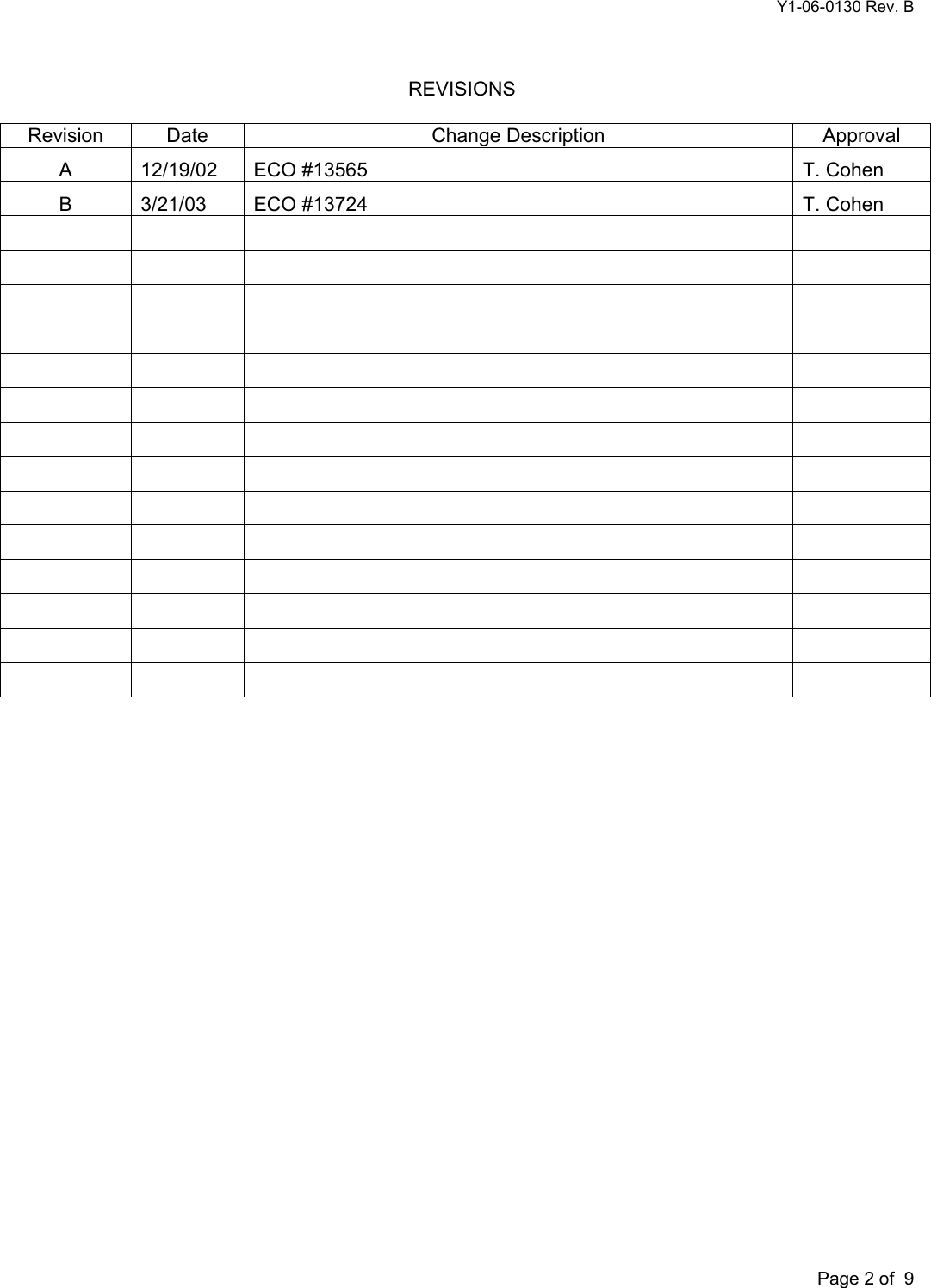 Y1-06-0130 Rev. B       Page 2 of  9 REVISIONS  Revision Date  Change Description  Approval A  12/19/02  ECO #13565  T. Cohen B  3/21/03  ECO #13724  T. Cohen                                                                                 