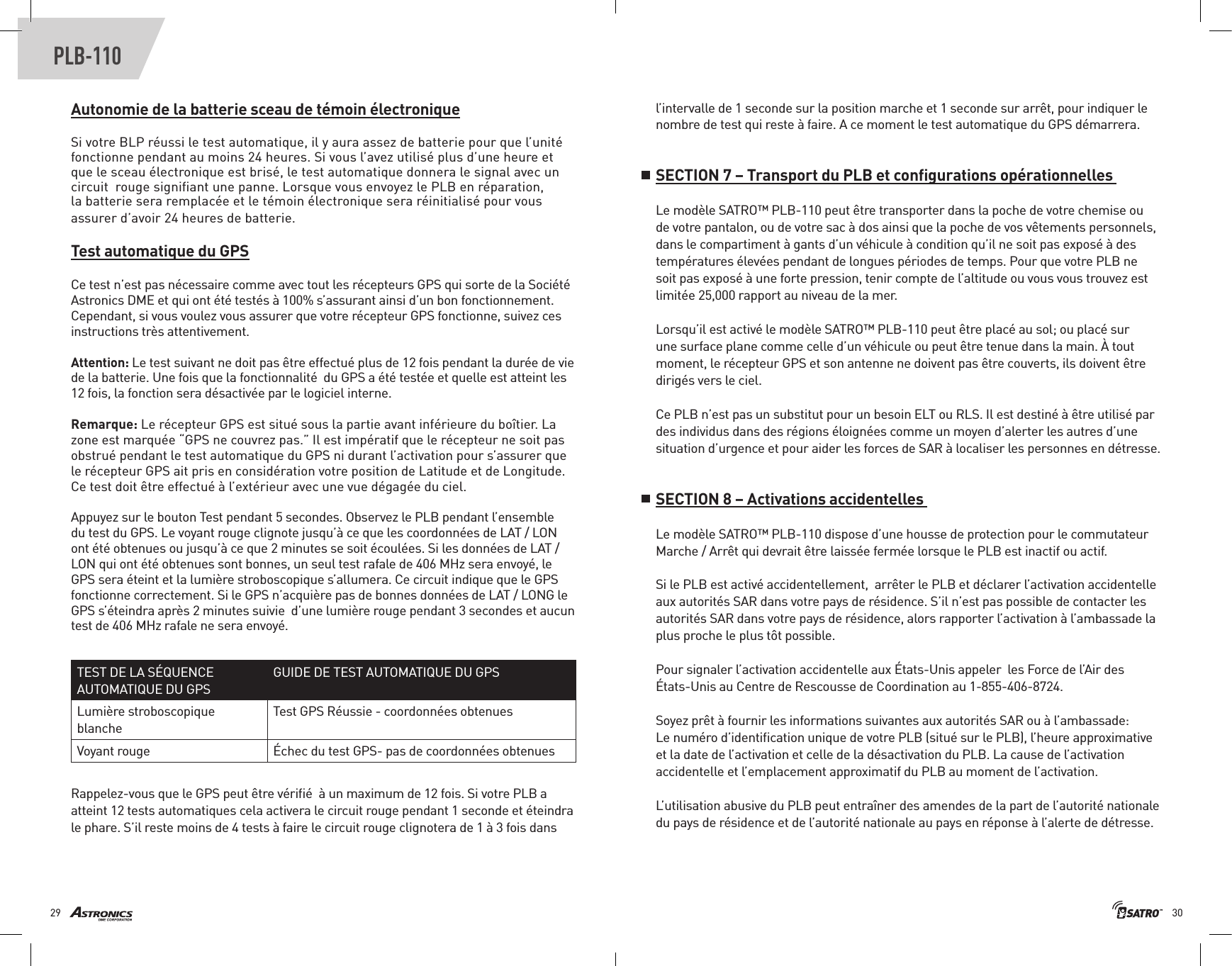 3029PLB-110Autonomie de la batterie sceau de témoin électroniqueSi votre BLP réussi le test automatique, il y aura assez de batterie pour que l’unité fonctionne pendant au moins 24 heures. Si vous l’avez utilisé plus d’une heure et que le sceau électronique est brisé, le test automatique donnera le signal avec un circuit  rouge signiﬁant une panne. Lorsque vous envoyez le PLB en réparation, la batterie sera remplacée et le témoin électronique sera réinitialisé pour vous assurer d’avoir 24 heures de batterie.Test automatique du GPSCe test n’est pas nécessaire comme avec tout les récepteurs GPS qui sorte de la Société Astronics DME et qui ont été testés à 100% s’assurant ainsi d’un bon fonctionnement. Cependant, si vous voulez vous assurer que votre récepteur GPS fonctionne, suivez ces instructions très attentivement. Attention: Le test suivant ne doit pas être effectué plus de 12 fois pendant la durée de vie de la batterie. Une fois que la fonctionnalité  du GPS a été testée et quelle est atteint les 12 fois, la fonction sera désactivée par le logiciel interne. Remarque: Le récepteur GPS est situé sous la partie avant inférieure du boîtier. La zone est marquée “GPS ne couvrez pas.” Il est impératif que le récepteur ne soit pas obstrué pendant le test automatique du GPS ni durant l’activation pour s’assurer que le récepteur GPS ait pris en considération votre position de Latitude et de Longitude. Ce test doit être effectué à l’extérieur avec une vue dégagée du ciel. Appuyez sur le bouton Test pendant 5 secondes. Observez le PLB pendant l’ensemble du test du GPS. Le voyant rouge clignote jusqu’à ce que les coordonnées de LAT / LON ont été obtenues ou jusqu’à ce que 2 minutes se soit écoulées. Si les données de LAT / LON qui ont été obtenues sont bonnes, un seul test rafale de 406 MHz sera envoyé, le GPS sera éteint et la lumière stroboscopique s’allumera. Ce circuit indique que le GPS fonctionne correctement. Si le GPS n’acquière pas de bonnes données de LAT / LONG le GPS s’éteindra après 2 minutes suivie  d’une lumière rouge pendant 3 secondes et aucun test de 406 MHz rafale ne sera envoyé. Rappelez-vous que le GPS peut être vériﬁé  à un maximum de 12 fois. Si votre PLB a atteint 12 tests automatiques cela activera le circuit rouge pendant 1 seconde et éteindra le phare. S’il reste moins de 4 tests à faire le circuit rouge clignotera de 1 à 3 fois dans TEST DE LA SÉQUENCE AUTOMATIQUE DU GPS  GUIDE DE TEST AUTOMATIQUE DU GPS Lumière stroboscopique blancheTest GPS Réussie - coordonnées obtenuesVoyant rouge Échec du test GPS- pas de coordonnées obtenuesl’intervalle de 1 seconde sur la position marche et 1 seconde sur arrêt, pour indiquer le nombre de test qui reste à faire. A ce moment le test automatique du GPS démarrera.SECTION 7 – Transport du PLB et conﬁgurations opérationnelles Le modèle SATRO™ PLB-110 peut être transporter dans la poche de votre chemise ou de votre pantalon, ou de votre sac à dos ainsi que la poche de vos vêtements personnels, dans le compartiment à gants d’un véhicule à condition qu’il ne soit pas exposé à des températures élevées pendant de longues périodes de temps. Pour que votre PLB ne soit pas exposé à une forte pression, tenir compte de l’altitude ou vous vous trouvez est limitée 25,000 rapport au niveau de la mer.Lorsqu’il est activé le modèle SATRO™ PLB-110 peut être placé au sol; ou placé sur une surface plane comme celle d’un véhicule ou peut être tenue dans la main. À tout moment, le récepteur GPS et son antenne ne doivent pas être couverts, ils doivent être dirigés vers le ciel. Ce PLB n’est pas un substitut pour un besoin ELT ou RLS. Il est destiné à être utilisé par des individus dans des régions éloignées comme un moyen d’alerter les autres d’une situation d’urgence et pour aider les forces de SAR à localiser les personnes en détresse.SECTION 8 – Activations accidentelles Le modèle SATRO™ PLB-110 dispose d’une housse de protection pour le commutateur Marche / Arrêt qui devrait être laissée fermée lorsque le PLB est inactif ou actif. Si le PLB est activé accidentellement,  arrêter le PLB et déclarer l’activation accidentelle aux autorités SAR dans votre pays de résidence. S’il n’est pas possible de contacter les autorités SAR dans votre pays de résidence, alors rapporter l’activation à l’ambassade la plus proche le plus tôt possible. Pour signaler l’activation accidentelle aux États-Unis appeler  les Force de l’Air des  États-Unis au Centre de Rescousse de Coordination au 1-855-406-8724. Soyez prêt à fournir les informations suivantes aux autorités SAR ou à l’ambassade: Le numéro d’identiﬁcation unique de votre PLB (situé sur le PLB), l’heure approximative et la date de l’activation et celle de la désactivation du PLB. La cause de l’activation accidentelle et l’emplacement approximatif du PLB au moment de l’activation. L’utilisation abusive du PLB peut entraîner des amendes de la part de l’autorité nationale du pays de résidence et de l’autorité nationale au pays en réponse à l’alerte de détresse. 