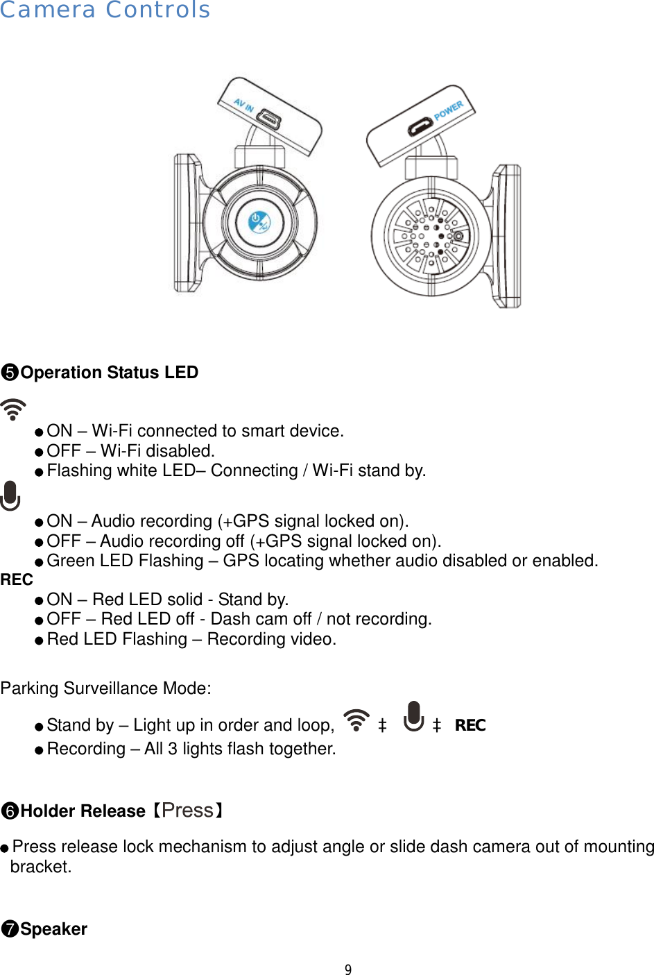  9  Camera Controls  ●5Operation Status LED    ON – Wi-Fi connected to smart device.    OFF – Wi-Fi disabled.   Flashing white LED– Connecting / Wi-Fi stand by.    ON – Audio recording (+GPS signal locked on).    OFF – Audio recording off (+GPS signal locked on).    Green LED Flashing – GPS locating whether audio disabled or enabled. REC   ON – Red LED solid - Stand by.   OFF – Red LED off - Dash cam off / not recording.   Red LED Flashing – Recording video.  Parking Surveillance Mode:   Stand by – Light up in order and loop,    à    à REC   Recording – All 3 lights flash together.  ●6Holder Release【 】   Press release lock mechanism to adjust angle or slide dash camera out of mounting bracket.  ●7Speaker