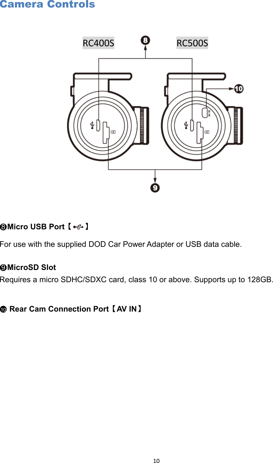  10 Camera Controls   ●8Micro USB Port【 】 For use with the supplied DOD Car Power Adapter or USB data cable.  ●9MicroSD Slot Requires a micro SDHC/SDXC card, class 10 or above. Supports up to 128GB.  ●10  Rear Cam Connection Port【AV I N】  RC400S RC500S 