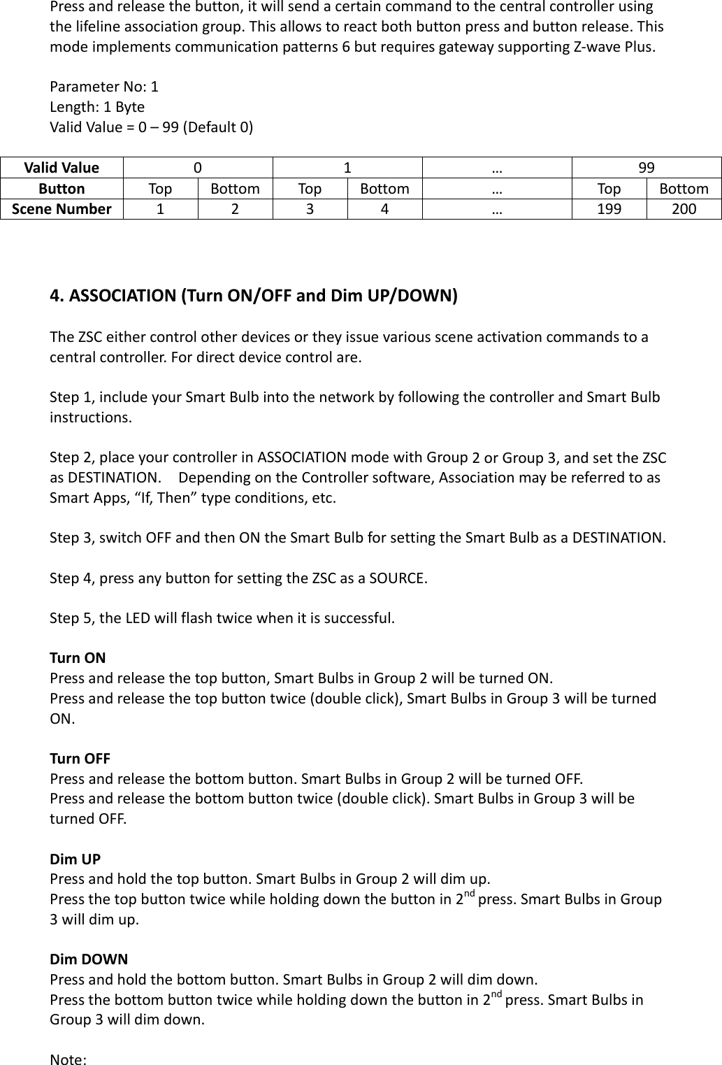 Pressandreleasethebutton,itwillsendacertaincommandtothecentralcontrollerusingthelifelineassociationgroup.Thisallowstoreactbothbuttonpressandbuttonrelease.Thismodeimplementscommunicationpatterns6butrequiresgatewaysupportingZ‐wavePlus.ParameterNo:1Length:1ByteValidValue=0–99(Default0)ValidValue01 … 99ButtonTopBottomTop Bottom …TopBottomSceneNumber123 4 … 1992004.ASSOCIATION(TurnON/OFFandDimUP/DOWN)TheZSCeithercontrolotherdevicesortheyissuevarioussceneactivationcommandstoacentralcontroller.Fordirectdevicecontrolare.Step1,includeyourSmartBulbintothenetworkbyfollowingthecontrollerandSmartBulbinstructions.Step2,placeyourcontrollerinASSOCIATIONmodewithGroup2orGroup3,andsettheZSCasDESTINATION.DependingontheControllersoftware,AssociationmaybereferredtoasSmartApps,“If,Then”typeconditions,etc.Step3,switchOFFandthenONtheSmartBulbforsettingtheSmartBulbasaDESTINATION.Step4,pressanybuttonforsettingtheZSCasaSOURCE.Step5,theLEDwillflashtwicewhenitissuccessful.TurnONPressandreleasethetopbutton,SmartBulbsinGroup2willbeturnedON.Pressandreleasethetopbuttontwice(doubleclick),SmartBulbsinGroup3willbeturnedON.TurnOFFPressandreleasethebottombutton.SmartBulbsinGroup2willbeturnedOFF.Pressandreleasethebottombuttontwice(doubleclick).SmartBulbsinGroup3willbeturnedOFF.DimUPPressandholdthetopbutton.SmartBulbsinGroup2willdimup.Pressthetopbuttontwicewhileholdingdownthebuttonin2ndpress.SmartBulbsinGroup3willdimup.DimDOWNPressandholdthebottombutton.SmartBulbsinGroup2willdimdown.Pressthebottombuttontwicewhileholdingdownthebuttonin2ndpress.SmartBulbsinGroup3willdimdown.Note: