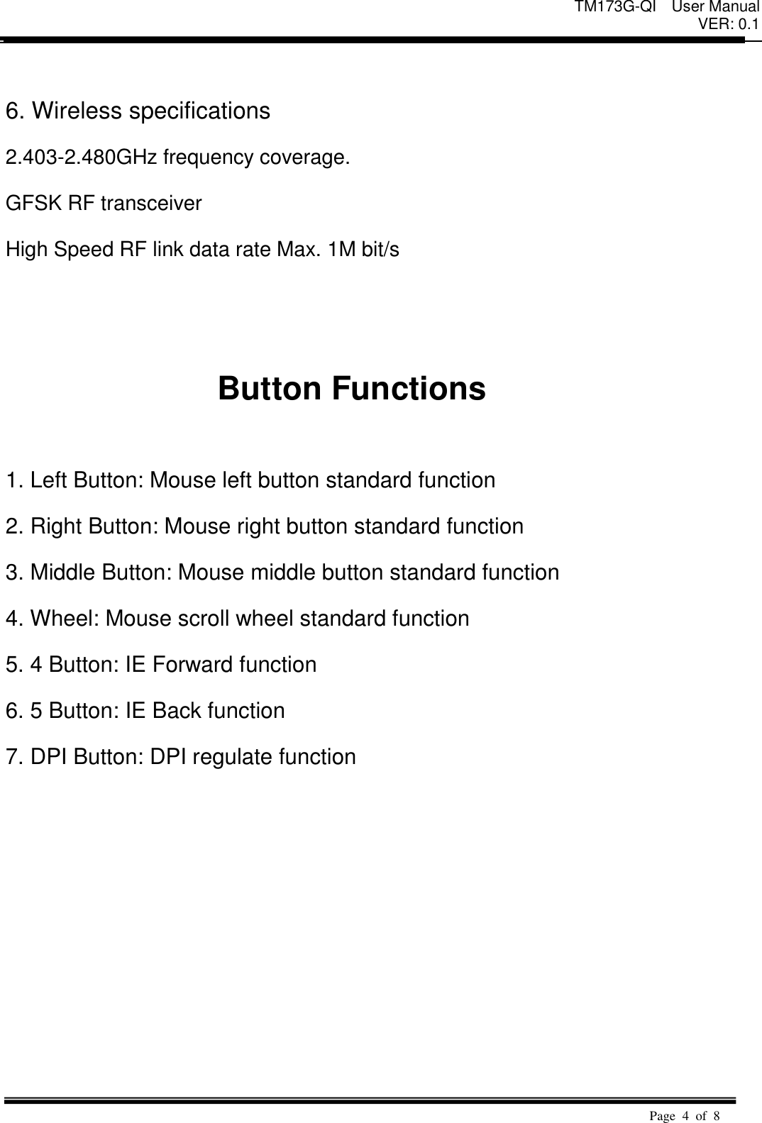 Page 4 of DONGGUAN TOGRAN ELECTRONICS TECHNOLOGY TM173G-QI Wireless Gaming Mouse User Manual 