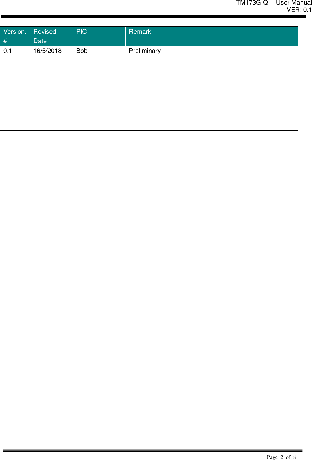 TM173G-QI  User Manual VER: 0.1  Page  2  of  8    Version. # Revised Date PIC Remark 0.1 16/5/2018 Bob Preliminary                                             