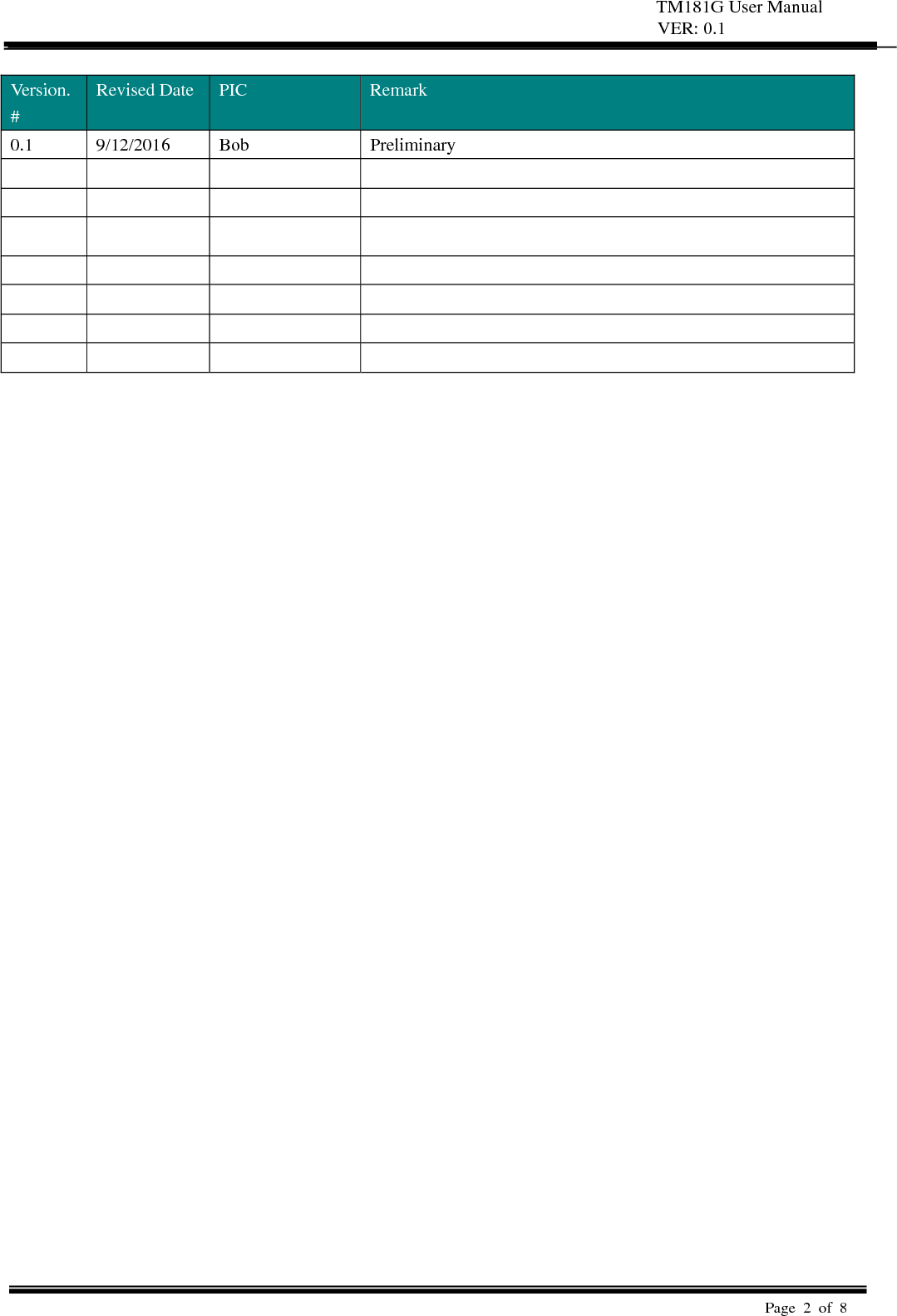TM181G User Manual VER: 0.1  Page 2 of 8    Version. # Revised Date  PIC  Remark 0.1 9/12/2016 Bob  Preliminary                                                           