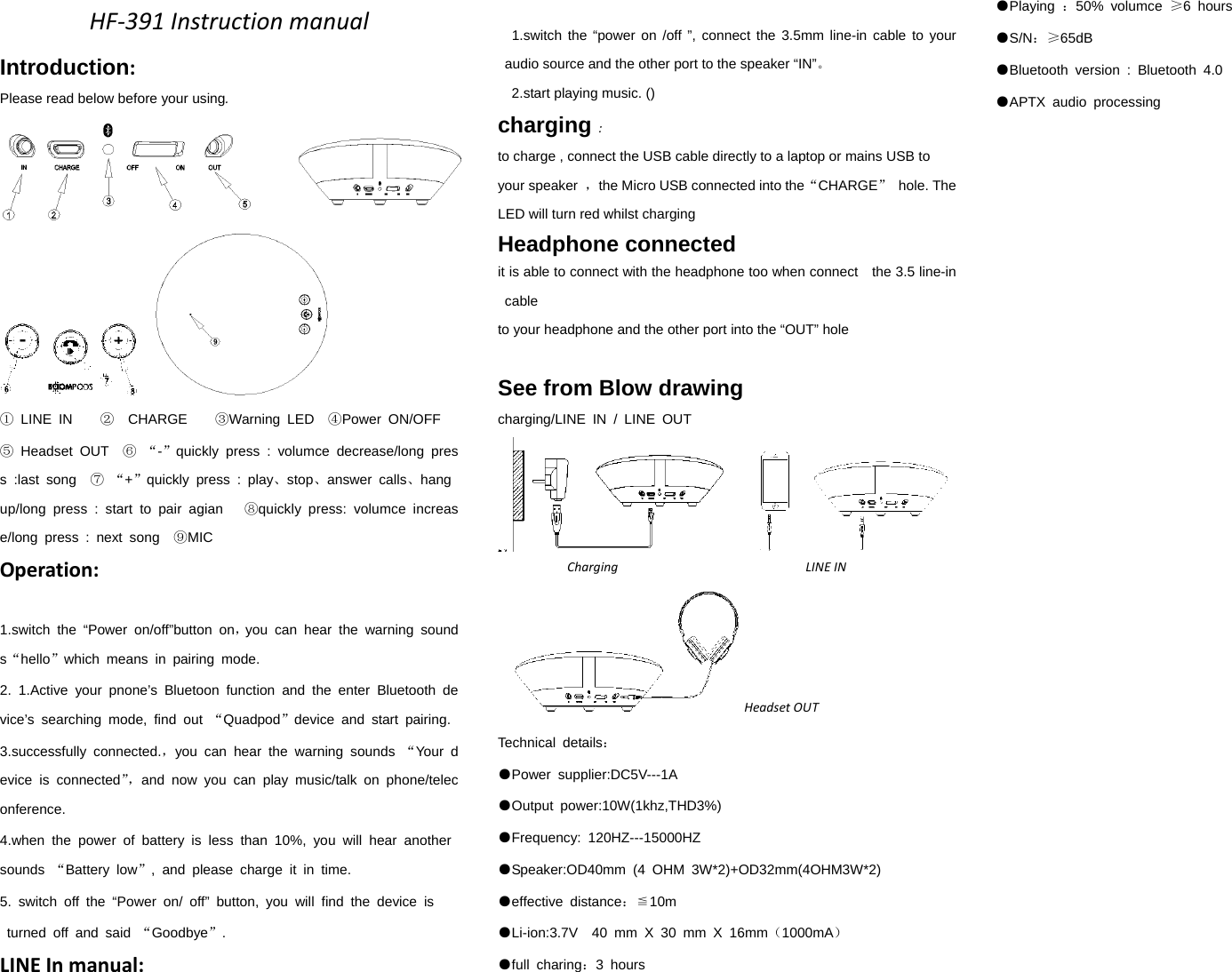 HF‐391InstructionmanualIntroduction: Please read below before your using. ① LINE IN    ②  CHARGE    ③Warning LED  ④Power ON/OFF ⑤ Headset OUT  ⑥ &ldquo;-&rdquo;quickly press : volumce decrease/long press :last song  ⑦ &ldquo;+&rdquo;quickly press : play、stop、answer calls、hang up/long press : start to pair agian   ⑧quickly press: volumce increase/long press : next song  ⑨MIC Operation:1.switch the &ldquo;Power on/off&rdquo;button on，you can hear the warning sounds&ldquo;hello&rdquo;which means in pairing mode. 2. 1.Active your pnone&rsquo;s Bluetoon function and the enter Bluetooth device&rsquo;s searching mode, find out &ldquo;Quadpod&rdquo;device and start pairing. 3.successfully connected.，you can hear the warning sounds &ldquo;Your device is connected&rdquo;，and now you can play music/talk on phone/teleconference. 4.when the power of battery is less than 10%, you will hear another sounds  &ldquo;Battery low&rdquo;, and please charge it in time. 5. switch off the &ldquo;Power on/ off&rdquo; button, you will find the device is  turned off and said &ldquo;Goodbye&rdquo;. LINEInmanual:  1.switch the &ldquo;power on /off &rdquo;, connect the 3.5mm line-in cable to your audio source and the other port to the speaker &ldquo;IN&rdquo;。 2.start playing music. () charging:to charge , connect the USB cable directly to a laptop or mains USB to your speaker  ，the Micro USB connected into the&ldquo;CHARGE&rdquo; hole. The LED will turn red whilst charging Headphone connected it is able to connect with the headphone too when connect    the 3.5 line-in cable  to your headphone and the other port into the &ldquo;OUT&rdquo; hole See from Blow drawing charging/LINE IN / LINE OUT  ChargingLINEINHeadsetOUTTechnical details： ●Power supplier:DC5V---1A ●Output power:10W(1khz,THD3%) ●Frequency: 120HZ---15000HZ ●Speaker:OD40mm (4 OHM 3W*2)+OD32mm(4OHM3W*2) ●effective distance：≦10m ●Li-ion:3.7V  40 mm X 30 mm X 16mm（1000mA） ●full charing：3 hours  ●Playing  ：50% volumce &ge;6 hours ●S/N：&ge;65dB ●Bluetooth version : Bluetooth 4.0 ●APTX audio processing 