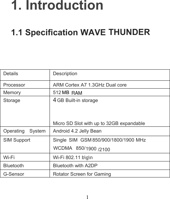 11. Introduction1.1 Specification WAVE THUNDERDetails DescriptionProcessor ARM Cortex A7 1.3GHz Dual coreMemory 512MBStorage4GB Built-in storageMicro SD Slot with up to 32GB expandableOperating System Android 4.2 Jelly BeanSIM SupportSingleSIMGSM850/900/1800/1900MHzWCDMA850/Wi-Fi Wi-Fi 802.11 b\g\nBluetooth Bluetooth with A2DPG-Sensor Rotator Screen for GamingMBRAM1900/2100