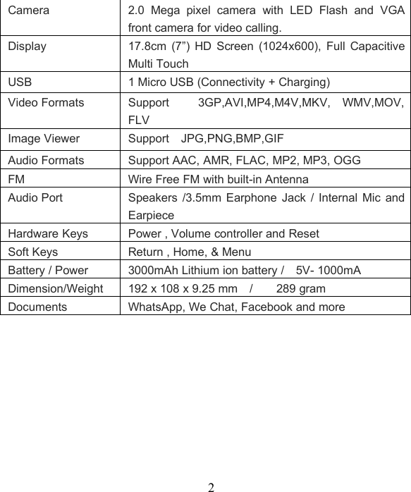 2Camera2.0 Mega pixel camera with LED Flash and VGAfront camera for video calling.Display 17.8cm (7”) HD Screen (1024x600), Full CapacitiveMulti TouchUSB 1 Micro USB (Connectivity + Charging)Video Formats Support 3GP,AVI,MP4,M4V,MKV, WMV,MOV,FLVImage Viewer Support JPG,PNG,BMP,GIFAudio Formats Support AAC, AMR, FLAC, MP2, MP3, OGGFM Wire Free FM with built-in AntennaAudio Port Speakers /3.5mm Earphone Jack / Internal Mic andEarpieceHardware Keys Power , Volume controller and ResetSoft Keys Return , Home, &amp; MenuBattery / Power 3000mAh Lithium ion battery / 5V- 1000mADimension/Weight 192 x 108 x 9.25 mm / 289 gramDocuments WhatsApp, We Chat, Facebook and more