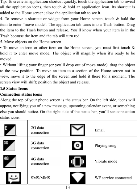   13Tip: To create an application shortcut quickly, touch the application tab to reveal all the application icons, then touch &amp; hold an application icon. Its shortcut is added to the Home screen; close the application tab to see it.   4. To remove a shortcut or widget from your Home screen, touch &amp; hold the item to enter “move mode”. The application tab turns into a Trash button. Drag the item to the Trash button and release. You’ll know when your item is in the Trash because the item and the tab will turn red. 5. Move objects on the Home screen   • To move an icon or other item on the Home screen, you must first touch &amp; hold it to enter move mode. The object will magnify when it’s ready to be moved.  • Without lifting your finger (or you’ll drop out of move mode), drag the object to the new position. To move an item to a section of the Home screen not in view, move it to the edge of the screen and hold it there for a moment. The screen view will shift; position the object and release.   1.5 Status Icons Connection status icons Along the top of your phone screen is the status bar. On the left side, icons will appear, notifying you of a new message, upcoming calendar event, or something else you should notice. On the right side of the status bar, you’ll see connection status icons.    2G data connection Email  3G data connection  Playing song  4G data connection Vibrate mode  SMS/MMS WF service connected