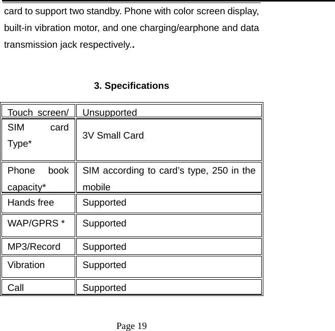   Page 19  card to support two standby. Phone with color screen display, built-in vibration motor, and one charging/earphone and data transmission jack respectively..  3. Specifications Touch screen/  UnsupportedSIM card Type*  3V Small Card Phone book capacity* SIM according to card’s type, 250 in the mobileHands free  Supported WAP/GPRS *  Supported MP3/Record Supported Vibration Supported Call Supported 