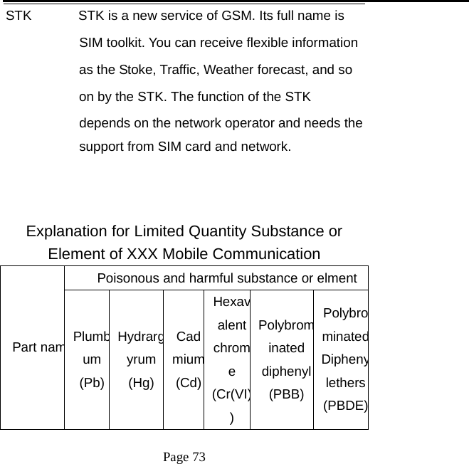   Page 73  STK              STK is a new service of GSM. Its full name is   SIM toolkit. You can receive flexible information   as the Stoke, Traffic, Weather forecast, and so   on by the STK. The function of the STK depends on the network operator and needs the support from SIM card and network.   Explanation for Limited Quantity Substance or Element of XXX Mobile Communication Poisonous and harmful substance or elmentPart namPlumbum (Pb) Hydrargyrum(Hg)Cadmium(Cd)Hexavalent chrome (Cr(VI)) Polybrominated diphenyl(PBB)PolybrominatedDiphenylethers(PBDE)