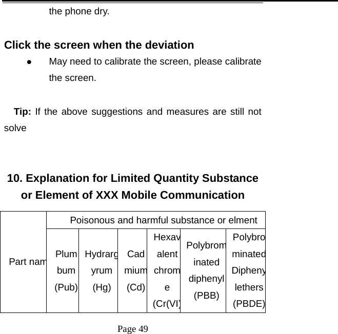  Page 49 the phone dry.  Click the screen when the deviation  May need to calibrate the screen, please calibrate the screen.  Tip: If the above suggestions and measures are still not solve   10. Explanation for Limited Quantity Substance or Element of XXX Mobile Communication Part namPoisonous and harmful substance or elmentPlum bum (Pub)Hydrargyrum(Hg)Cadmium(Cd)Hexavalent chrome (Cr(VI)Polybrominated diphenyl(PBB)PolybrominatedDiphenylethers(PBDE)