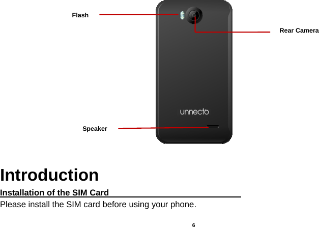   6    Introduction Installation of the SIM Card                                Please install the SIM card before using your phone. Rear Camera Flash Speaker 