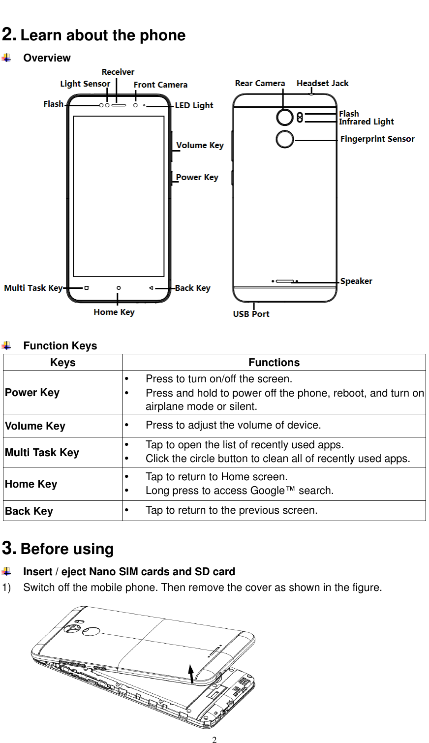  2  2. Learn about the phone  Overview    Function Keys Keys Functions Power Key   Press to turn on/off the screen.   Press and hold to power off the phone, reboot, and turn on airplane mode or silent.   Volume Key   Press to adjust the volume of device.   Multi Task Key     Tap to open the list of recently used apps.   Click the circle button to clean all of recently used apps. Home Key     Tap to return to Home screen.  Long press to access Google™ search. Back Key   Tap to return to the previous screen.  3. Before using  Insert / eject Nano SIM cards and SD card 1)  Switch off the mobile phone. Then remove the cover as shown in the figure.    