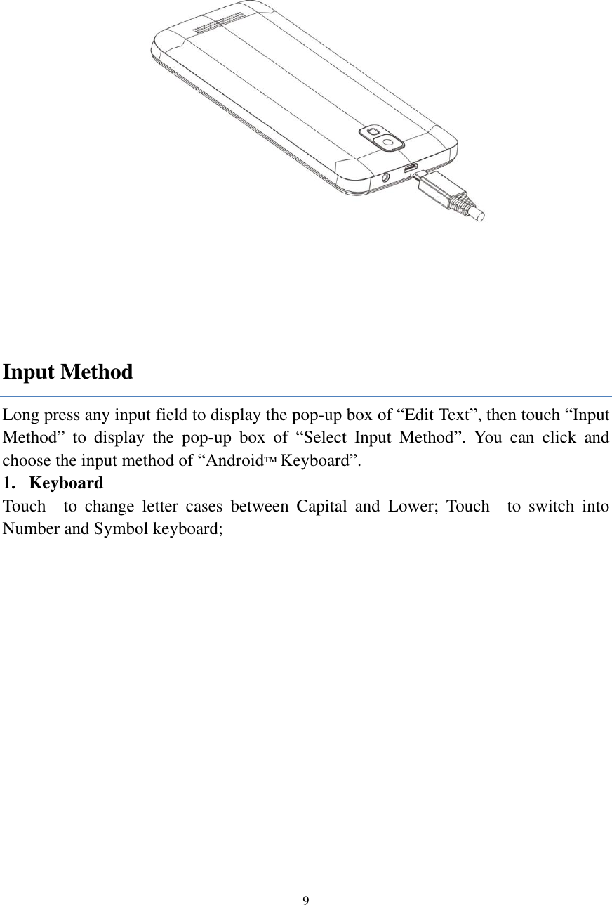  9   Input Method Long press any input field to display the pop-up box of “Edit Text”, then touch “Input Method”  to  display  the  pop-up  box  of  “Select  Input  Method”.  You  can  click  and choose the input method of “Android™ Keyboard”. 1. Keyboard Touch    to  change  letter  cases  between  Capital  and  Lower;  Touch    to  switch  into Number and Symbol keyboard;    