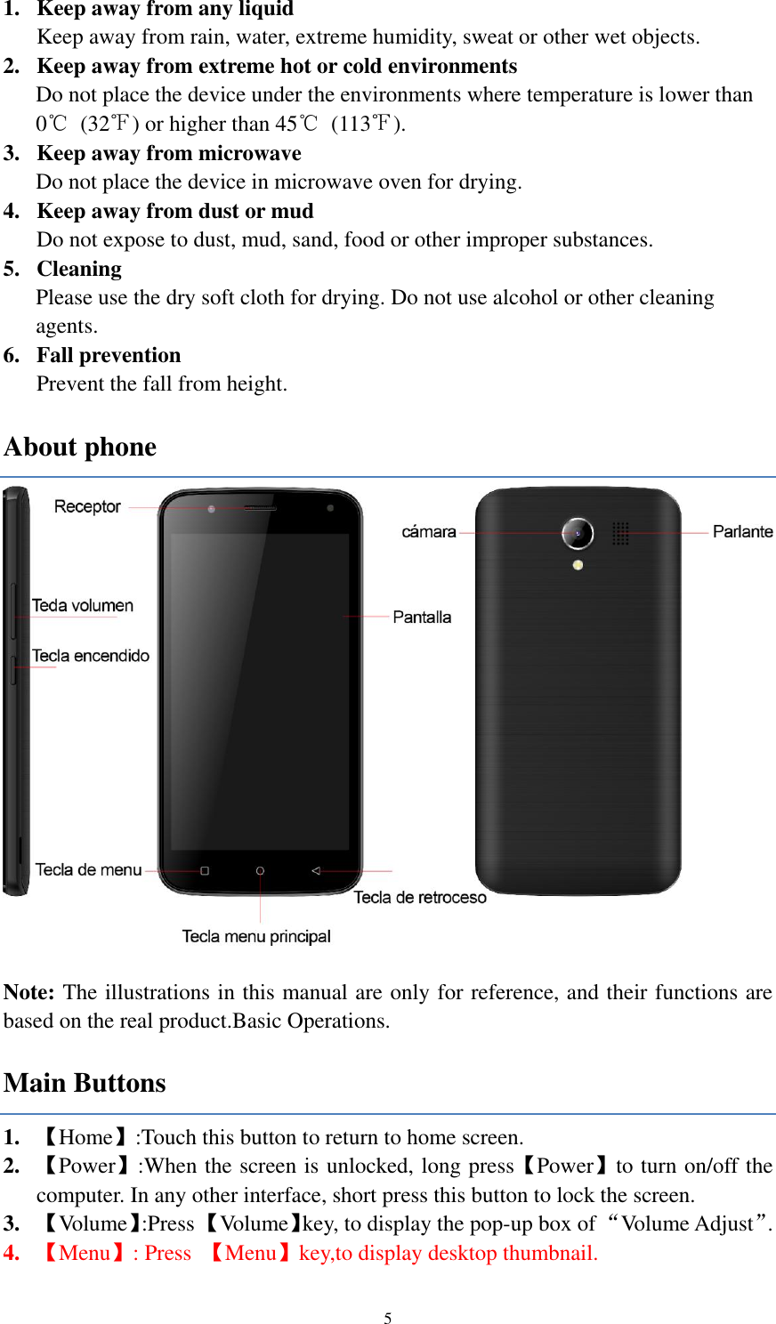  5 1. Keep away from any liquid Keep away from rain, water, extreme humidity, sweat or other wet objects.   2. Keep away from extreme hot or cold environments   Do not place the device under the environments where temperature is lower than 0℃  (32℉) or higher than 45℃  (113℉). 3. Keep away from microwave Do not place the device in microwave oven for drying. 4. Keep away from dust or mud Do not expose to dust, mud, sand, food or other improper substances.   5. Cleaning Please use the dry soft cloth for drying. Do not use alcohol or other cleaning agents. 6. Fall prevention   Prevent the fall from height.   About phone   Note: The illustrations in this manual are only for reference, and their functions are based on the real product.Basic Operations. Main Buttons 1. 【Home】:Touch this button to return to home screen. 2. 【Power】:When the screen is unlocked, long press【Power】to turn on/off the computer. In any other interface, short press this button to lock the screen.   3. 【Volume】:Press 【Volume】key, to display the pop-up box of “Volume Adjust”.   4. 【Menu】: Press  【Menu】key,to display desktop thumbnail. 