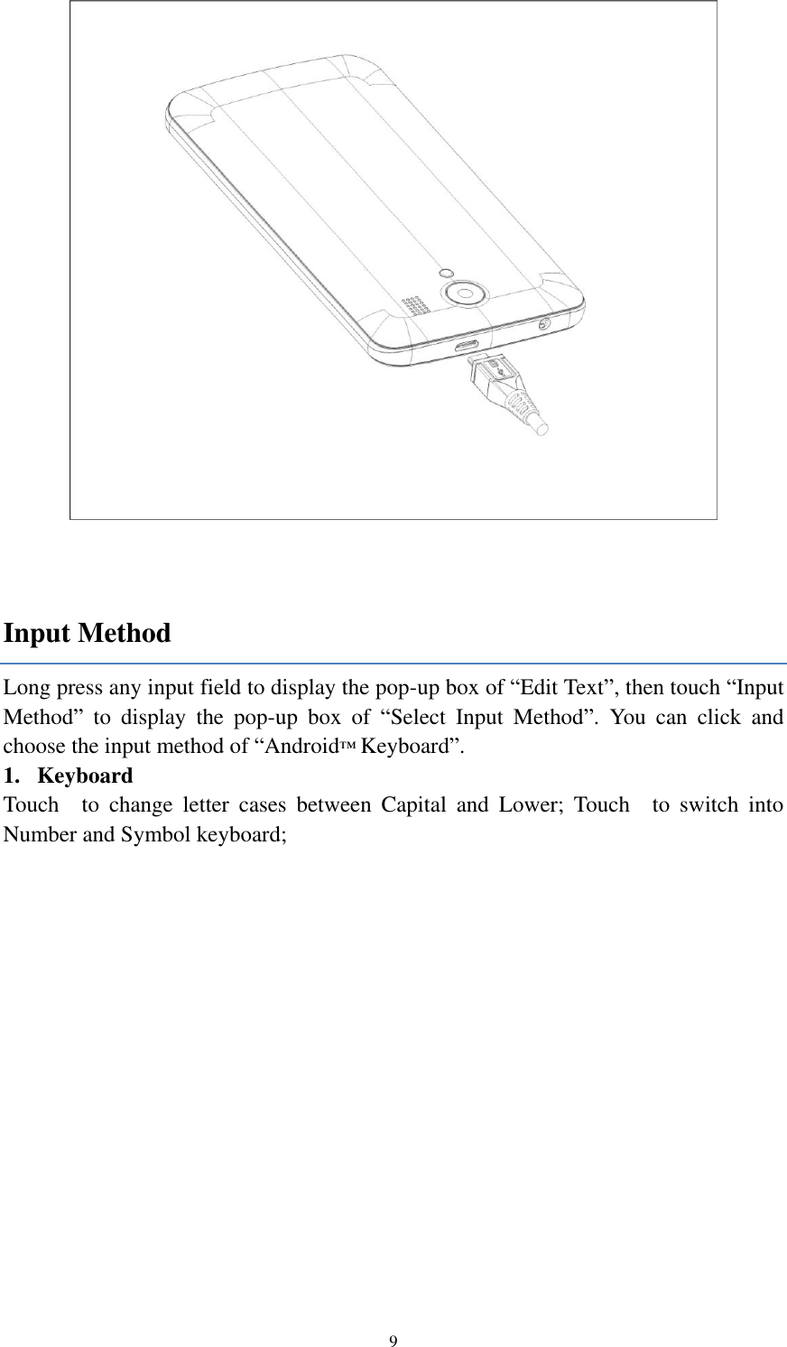  9   Input Method Long press any input field to display the pop-up box of “Edit Text”, then touch “Input Method”  to  display  the  pop-up  box  of  “Select  Input  Method”.  You  can  click  and choose the input method of “Android™ Keyboard”. 1. Keyboard Touch    to  change  letter  cases  between  Capital  and  Lower;  Touch    to  switch  into Number and Symbol keyboard;    