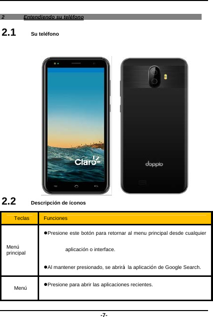  -7- 2  Entendiendo su teléfono 2.1   Su teléfono    2.2   Descripción de íconos Teclas  Funciones Menú principal Presione este botón para retornar al menu principal desde cualquier aplicación o interface.   Al mantener presionado, se abrirá la aplicación de Google Search. Menú  Presione para abrir las aplicaciones recientes. 