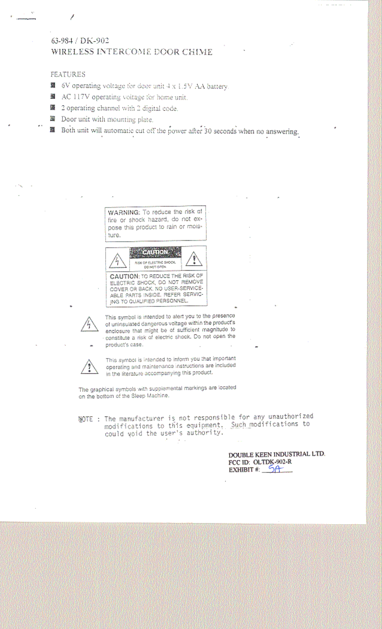 DOUBLE KEEN DK902R 49 MHz Wireless Doorbell User Manual Instruction
