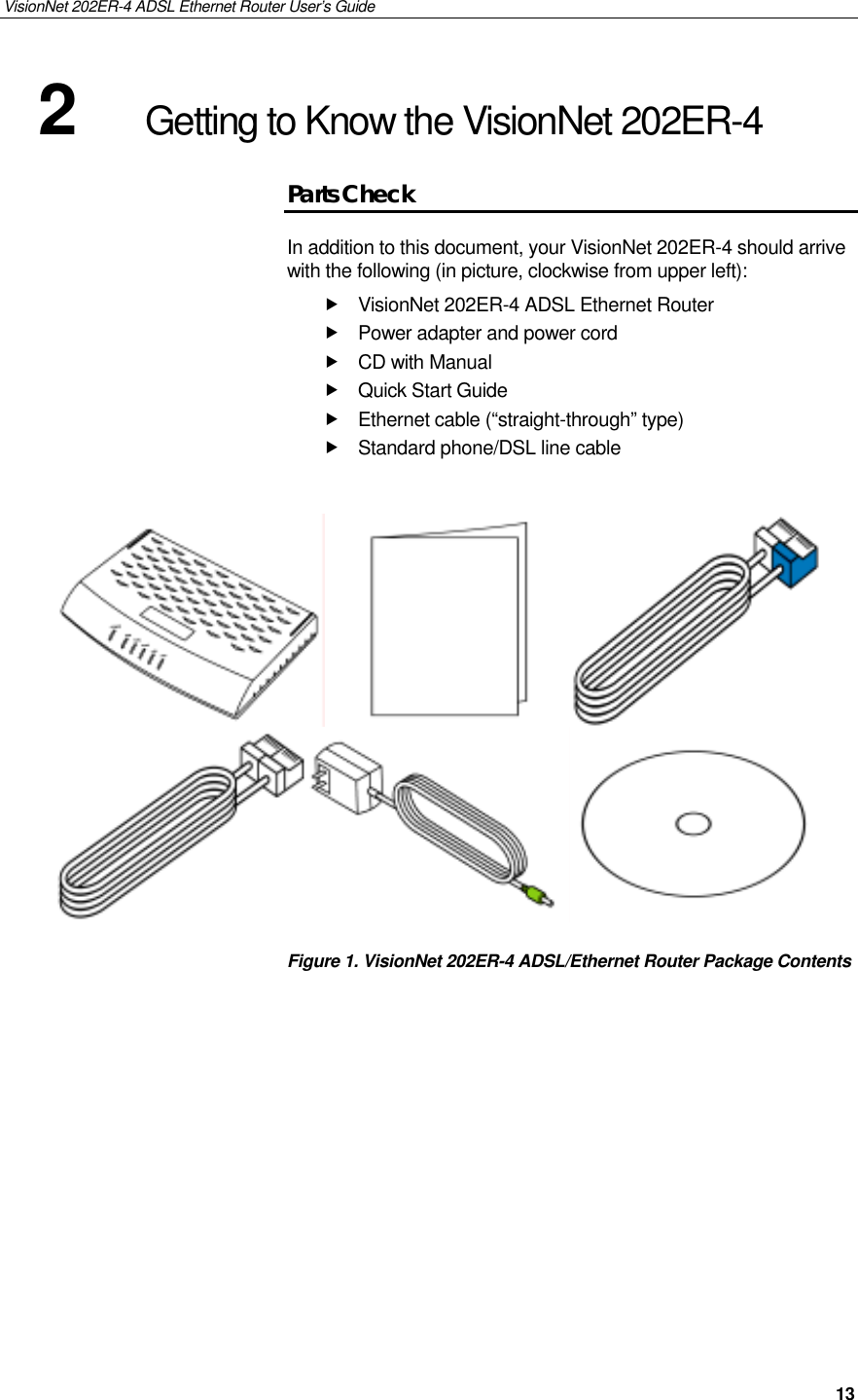 VisionNet 202ER-4 ADSL Ethernet Router User’s Guide   13 2  Getting to Know the VisionNet 202ER-4 Parts Check In addition to this document, your VisionNet 202ER-4 should arrive with the following (in picture, clockwise from upper left):  VisionNet 202ER-4 ADSL Ethernet Router  Power adapter and power cord  CD with Manual  Quick Start Guide  Ethernet cable (“straight-through” type)  Standard phone/DSL line cable                  Figure 1. VisionNet 202ER-4 ADSL/Ethernet Router Package Contents 