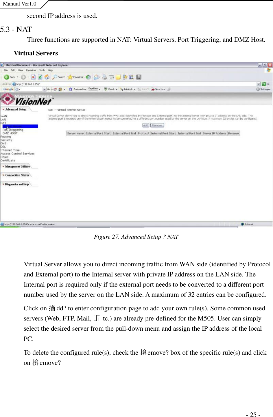  Manual Ver1.0 second IP address is used. 5.3 - NAT Three functions are supported in NAT: Virtual Servers, Port Triggering, and DMZ Host. Virtual Servers Figure 27. Advanced Setup ?NATVirtual Server allows you to direct incoming traffic from WAN side (identified by Protocol and External port) to the Internal server with private IP address on the LAN side. The Internal port is required only if the external port needs to be converted to a different port number used by the server on the LAN side. A maximum of 32 entries can be configured. Click on 揂dd?to enter configuration page to add your own rule(s). Some common used servers (Web, FTP, Mail, 卐tc.) are already pre-defined for the M505. User can simply select the desired server from the pull-down menu and assign the IP address of the local PC.To delete the configured rule(s), check the 揜emove?box of the specific rule(s) and click on 揜emove?                                                                      - 25 - 