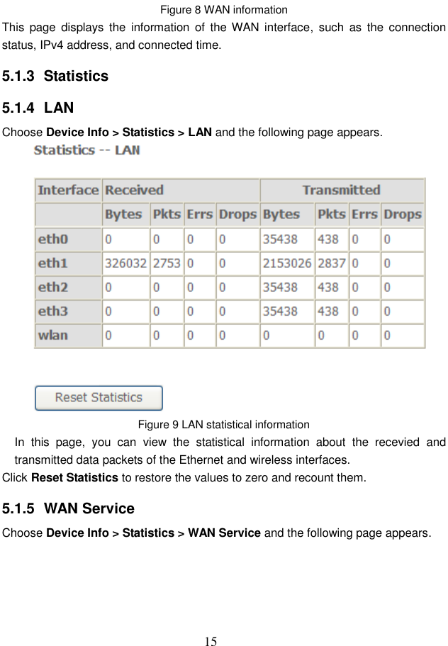  15 Figure 8 WAN information This  page  displays the  information  of  the WAN  interface,  such  as  the  connection status, IPv4 address, and connected time.   5.1.3  Statistics 5.1.4  LAN Choose Device Info &gt; Statistics &gt; LAN and the following page appears.    Figure 9 LAN statistical information In  this  page,  you  can  view  the  statistical  information  about  the  recevied  and transmitted data packets of the Ethernet and wireless interfaces.   Click Reset Statistics to restore the values to zero and recount them. 5.1.5  WAN Service Choose Device Info &gt; Statistics &gt; WAN Service and the following page appears.   