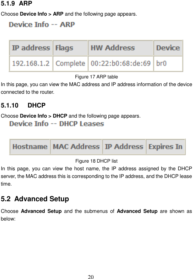  20 5.1.9  ARP Choose Device Info &gt; ARP and the following page appears.    Figure 17 ARP table In this page, you can view the MAC address and IP address information of the device connected to the router. 5.1.10   DHCP Choose Device Info &gt; DHCP and the following page appears.    Figure 18 DHCP list In this page, you can view the host name, the  IP address assigned by the DHCP server, the MAC address this is corresponding to the IP address, and the DHCP lease time.   5.2  Advanced Setup Choose  Advanced  Setup and  the  submenus  of  Advanced  Setup  are  shown  as below: 