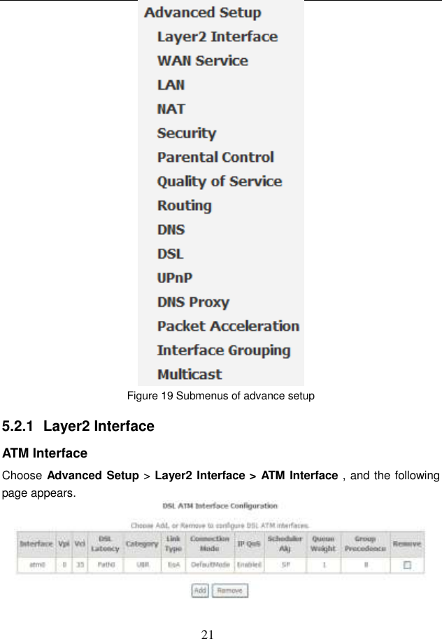  21  Figure 19 Submenus of advance setup   5.2.1  Layer2 Interface ATM Interface Choose Advanced Setup &gt; Layer2 Interface &gt; ATM Interface , and the following page appears.  