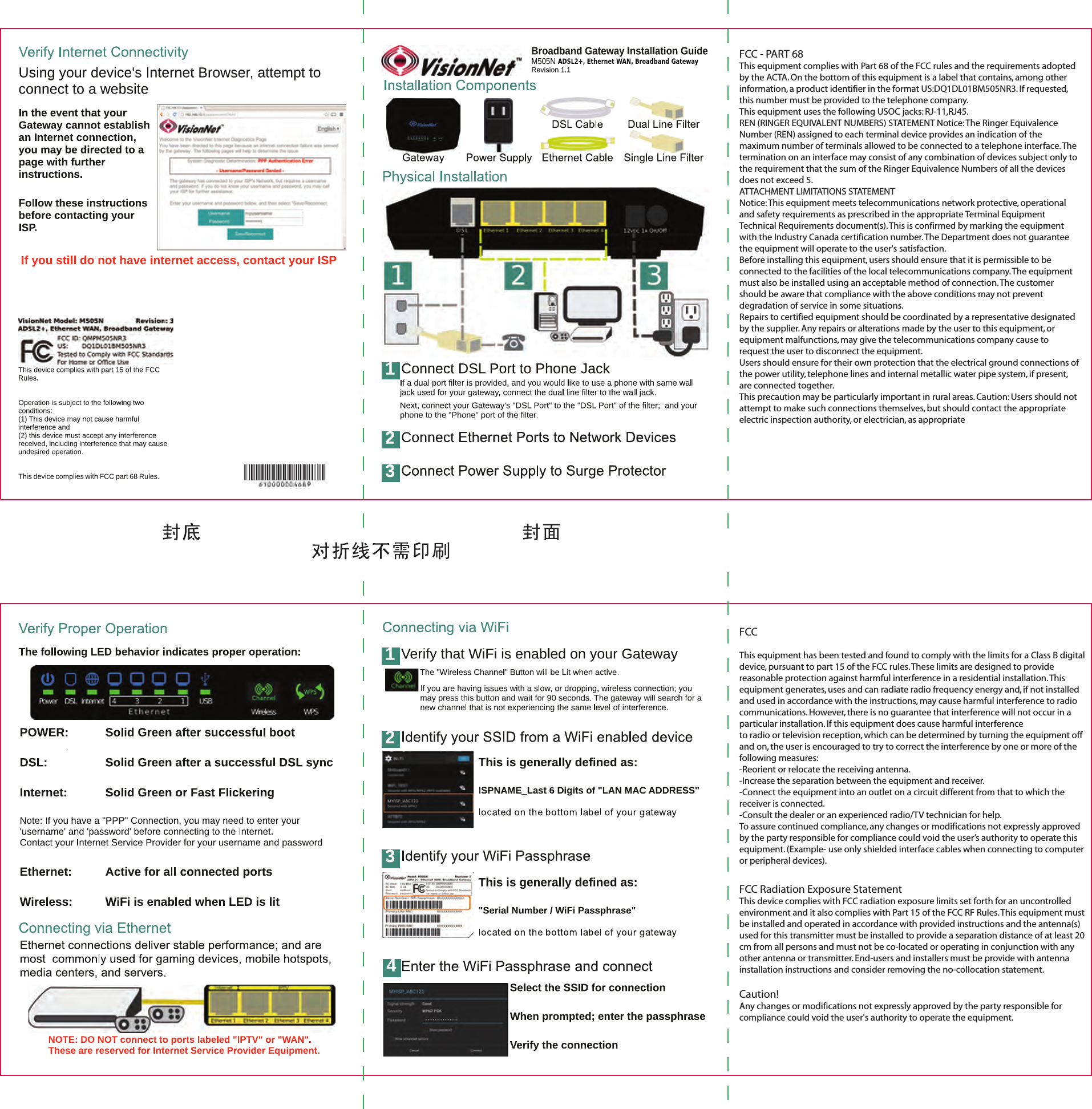 FCC - PART 68 This equipment complies with Part 68 of the FCC rules and the requirements adopted by the ACTA. On the bottom of this equipment is a label that contains, among other information, a product identifier in the format US:DQ1DL01BM505NR3. If requested, this number must be provided to the telephone company. This equipment uses the following USOC jacks: RJ-11,RJ45. REN (RINGER EQUIVALENT NUMBERS) STATEMENT Notice: The Ringer Equivalence Number (REN) assigned to each terminal device provides an indication of the maximum number of terminals allowed to be connected to a telephone interface. The termination on an interface may consist of any combination of devices subject only to the requirement that the sum of the Ringer Equivalence Numbers of all the devices does not exceed 5. ATTACHMENT LIMITATIONS STATEMENT Notice: This equipment meets telecommunications network protective, operational and safety requirements as prescribed in the appropriate Terminal Equipment Technical Requirements document(s). This is confirmed by marking the equipment with the Industry Canada certification number. The Department does not guarantee the equipment will operate to the user&apos;s satisfaction. Before installing this equipment, users should ensure that it is permissible to be connected to the facilities of the local telecommunications company. The equipment must also be installed using an acceptable method of connection. The customer should be aware that compliance with the above conditions may not prevent degradation of service in some situations. Repairs to certified equipment should be coordinated by a representative designated by the supplier. Any repairs or alterations made by the user to this equipment, or equipment malfunctions, may give the telecommunications company cause to request the user to disconnect the equipment. Users should ensure for their own protection that the electrical ground connections of the power utility, telephone lines and internal metallic water pipe system, if present, are connected together. This precaution may be particularly important in rural areas. Caution: Users should not attempt to make such connections themselves, but should contact the appropriate electric inspection authority, or electrician, as appropriateFCC This equipment has been tested and found to comply with the limits for a Class B digital device, pursuant to part 15 of the FCC rules. These limits are designed to provide reasonable protection against harmful interference in a residential installation. This equipment generates, uses and can radiate radio frequency energy and, if not installed and used in accordance with the instructions, may cause harmful interference to radio communications. However, there is no guarantee that interference will not occur in a particular installation. If this equipment does cause harmful interference to radio or television reception, which can be determined by turning the equipment off and on, the user is encouraged to try to correct the interference by one or more of the following measures: -Reorient or relocate the receiving antenna. -Increase the separation between the equipment and receiver. -Connect the equipment into an outlet on a circuit different from that to which the receiver is connected. -Consult the dealer or an experienced radio/TV technician for help. To assure continued compliance, any changes or modifications not expressly approved by the party responsible for compliance could void the user’s authority to operate this equipment. (Example- use only shielded interface cables when connecting to computer or peripheral devices). FCC Radiation Exposure Statement   This device complies with FCC radiation exposure limits set forth for an uncontrolled environment and it also complies with Part 15 of the FCC RF Rules. This equipment must be installed and operated in accordance with provided instructions and the antenna(s) used for this transmitter must be installed to provide a separation distance of at least 20 cm from all persons and must not be co-located or operating in conjunction with any other antenna or transmitter. End-users and installers must be provide with antenna installation instructions and consider removing the no-collocation statement. Caution!   Any changes or modifications not expressly approved by the party responsible for compliance could void the user&apos;s authority to operate the equipment. 