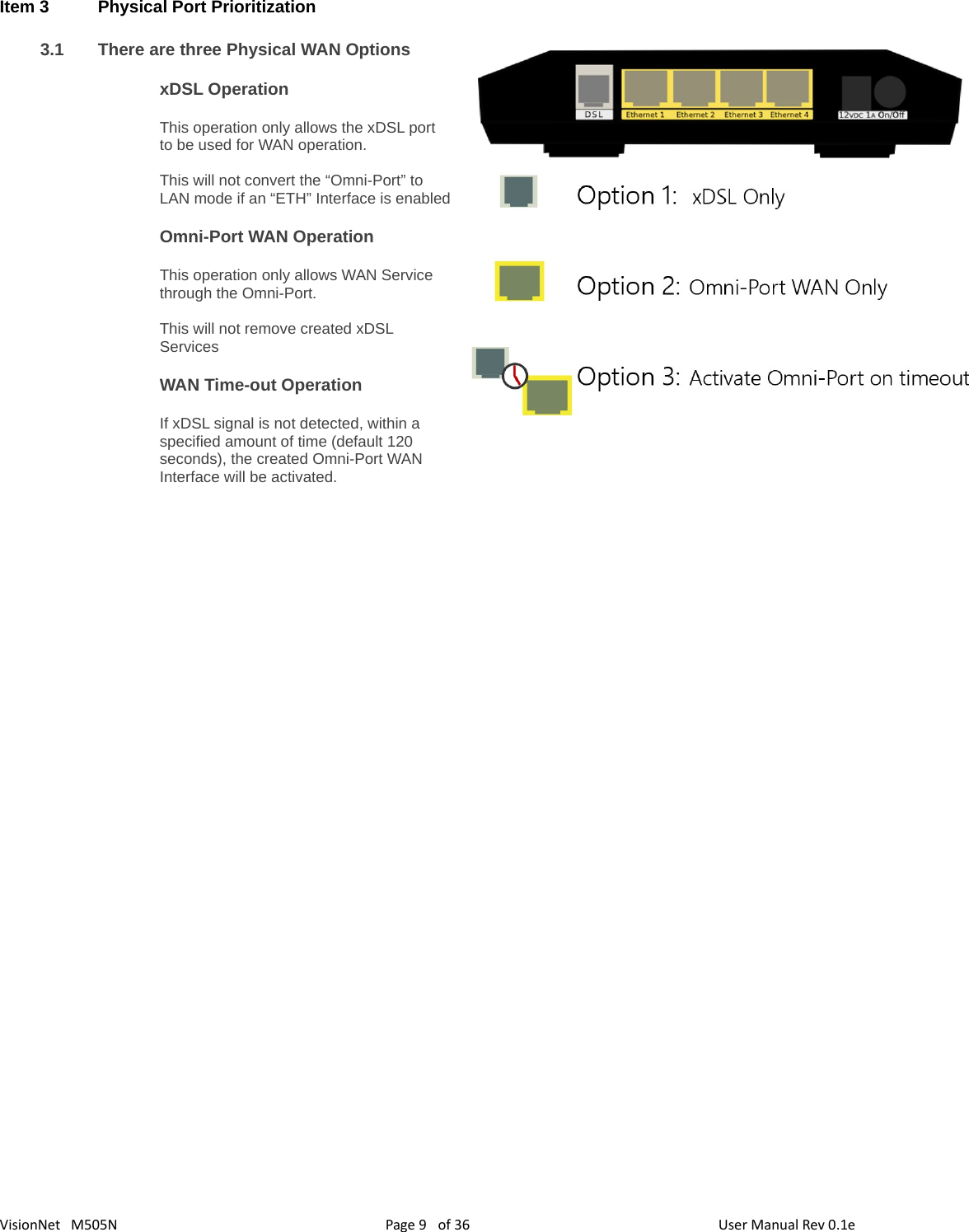 9   of 36VisionNet   M505NItem 3 Physical Port Prioritization3.1 There are three Physical WAN OptionsxDSL OperationThis operation only allows the xDSL port to be used for WAN operation.  This will not convert the “Omni-Port” to LAN mode if an “ETH” Interface is enabledOmni-Port WAN OperationThis operation only allows WAN Service through the Omni-Port. This will not remove created xDSL ServicesWAN Time-out OperationIf xDSL signal is not detected, within a specified amount of time (default 120 seconds), the created Omni-Port WAN Interface will be activated. Page  User Manual Rev 0.1e