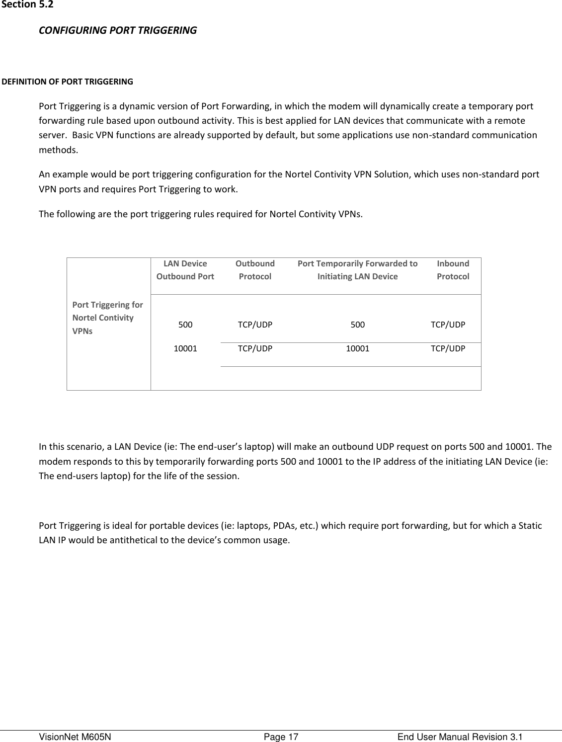 VisionNet M605N    Page 17  End User Manual Revision 3.1 Section 5.2 CONFIGURING PORT TRIGGERING  DEFINITION OF PORT TRIGGERING Port Triggering is a dynamic version of Port Forwarding, in which the modem will dynamically create a temporary port forwarding rule based upon outbound activity. This is best applied for LAN devices that communicate with a remote server.  Basic VPN functions are already supported by default, but some applications use non-standard communication methods.  An example would be port triggering configuration for the Nortel Contivity VPN Solution, which uses non-standard port VPN ports and requires Port Triggering to work.  The following are the port triggering rules required for Nortel Contivity VPNs.   Port Triggering for Nortel Contivity VPNs LAN Device Outbound Port Outbound Protocol Port Temporarily Forwarded to Initiating LAN Device Inbound Protocol     500 TCP/UDP 500 TCP/UDP 10001 TCP/UDP 10001 TCP/UDP       In this scenario, a LAN Device (ie: The end-user’s laptop) will make an outbound UDP request on ports 500 and 10001. The modem responds to this by temporarily forwarding ports 500 and 10001 to the IP address of the initiating LAN Device (ie: The end-users laptop) for the life of the session.   Port Triggering is ideal for portable devices (ie: laptops, PDAs, etc.) which require port forwarding, but for which a Static LAN IP would be antithetical to the device’s common usage.           