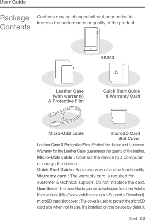 User GuideAK240microSD Card Slot CoverMicro-USB cableLeather Case &amp; Protective Film : Protect the device and its screen. Warranty for the Leather Case guarantees the quality of the leather. Micro-USB cable : Connect the device to a computer or charge the device.Quick Start Guide : Basic overview of device functionality. Warranty card : The warranty card is required for customer &amp; technical support. Do not misplace the card.User Guide : The User Guide can be downloaded from the Astell&amp;Kern website [http://www.astellnkern.com &gt; Support &gt; Download]. microSD card slot cover : The cover is used to protect the microSD card slot when not in use. It&apos;s installed on the device by default.Contents may be changed without prior notice to improve the performance or quality of the product.Package ContentsLeather Case (with warranty)&amp; Protective FilmStart   02Quick Start Guide&amp; Warranty Card