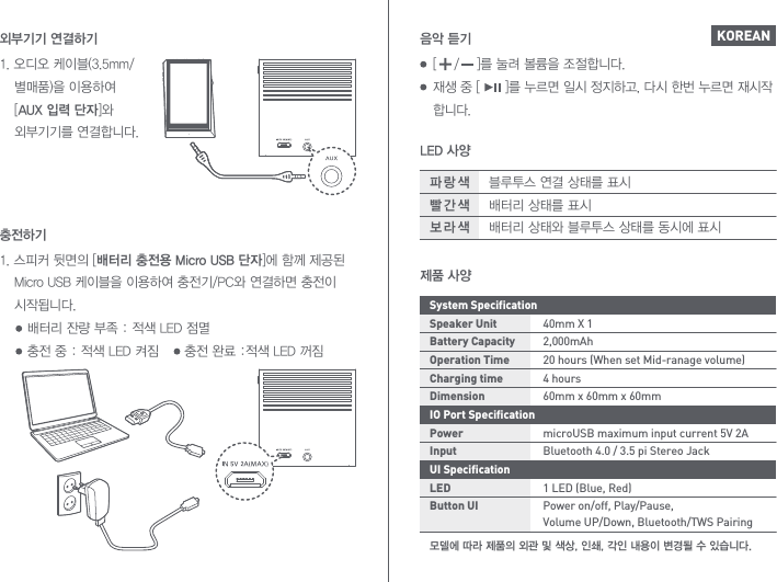 [    /    ]를 눌려 볼륨을 조절합니다.재생 중 [      ]를 누르면 일시 정지하고, 다시 한번 누르면 재시작 합니다.음악 듣기LED 사양블루투스 연결 상태를 표시배터리 상태를 표시배터리 상태와 블루투스 상태를 동시에 표시파 랑 색빨 간 색보 라 색제품 사양40mm X 12,000mAh20 hours (When set Mid-ranage volume)4 hours60mm x 60mm x 60mmmicroUSB maximum input current 5V 2ABluetooth 4.0 / 3.5 pi Stereo Jack1 LED (Blue, Red)Power on/off, Play/Pause, Volume UP/Down, Bluetooth/TWS PairingSystem SpecificationSpeaker UnitBattery CapacityOperation TimeCharging timeDimensionIO Port SpecificationPowerInputUI SpecificationLEDButton UI모델에 따라 제품의 외관 및 색상, 인쇄, 각인 내용이 변경될 수 있습니다.KOREAN1. 스피커 뒷면의 [배터리 충전용 Micro USB 단자]에 함께 제공된   Micro USB 케이블을 이용하여 충전기/PC와 연결하면 충전이   시작됩니다.      배터리 잔량 부족 : 적색 LED 점멸     충전 중 : 적색 LED 켜짐      충전 완료 :적색 LED 꺼짐충전하기1. 오디오 케이블(3.5mm/  별매품)을 이용하여   [AUX 입력 단자]와   외부기기를 연결합니다.외부기기 연결하기