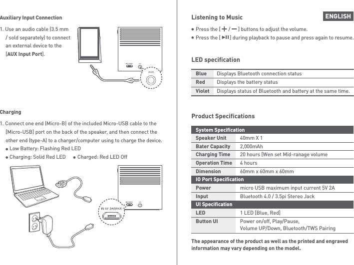 ENGLISHPress the [      /      ] buttons to adjust the volume.Press the [       ] during playback to pause and press again to resume.Listening to MusicLED specification Displays Bluetooth connection status Displays the battery status Displays status of Bluetooth and battery at the same time. Blue Red Violet Product Specifications40mm X 12,000mAh20 hours [Wen set Mid-ranage volume4 hours60mm x 60mm x 60mmmicro USB maximum input current 5V 2ABluetooth 4.0 / 3.5pi Stereo Jack1 LED [Blue, Red]Power on/off, Play/Pause, Volume UP/Down, Bluetooth/TWS PairingSystem SpecificationSpeaker UnitBater CapacityCharging TimeOperation TimeDimensionIO Port SpecificationPowerInputUI SpecificationLEDButton UIThe appearance of the product as well as the printed and engraved information may vary depending on the model.1. Connect one end (Micro-B) of the included Micro-USB cable to the   [Micro-USB] port on the back of the speaker, and then connect the  other end (type-A) to a charger/computer using to charge the device.     Low Battery: Flashing Red LED     Charging: Solid Red LED         Charged: Red LED OffCharging1. Use an audio cable (3.5 mm   / sold separately) to connect   an external device to the  [AUX Input Port].Auxiliary Input Connection