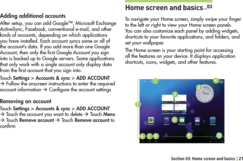 Section 03: Home screen and basics 21Adding additional accounts!FTERSETUPYOUCANADD&apos;OOGLE©-ICROSOFT%XCHANGEActiveSync, Facebook, conventional e-mail, and other kinds of accounts, depending on which applications YOUHAVEINSTALLED%ACHACCOUNTSYNCSSOMEORALLOFthe account’s data. If you add more than one Google Account, then only the ﬁrst Google Account you sign into is backed up to Google servers. Some applications that only work with a single account only display data from the ﬁrst account that you sign into.Touch Settings &gt; Accounts &amp; sync &gt; ADD ACCOUNT Æ Follow the onscreen instructions to enter the required account information Æ Conﬁgure the account settingsRemoving an accountTouch Settings &gt; Accounts &amp; sync &gt; ADD ACCOUNT Æ Touch the account you want to delete Æ Touch Menu Æ Touch Remove account Æ Touch Remove account to conﬁrmHome screen and basics _034ONAVIGATEYOUR(OMESCREENSIMPLYSWIPEYOURlNGERTOTHELEFTORRIGHTTOVIEWYOUR(OMESCREENPANELSYou can also customize each panel by adding widgets, shortcuts to your favorite applications, and folders, and set your wallpaper.4HE(OMESCREENISYOURSTARTINGPOINTFORACCESSINGall the features on your device. It displays application shortcuts, icons, widgets, and other features.16 7 1842353109