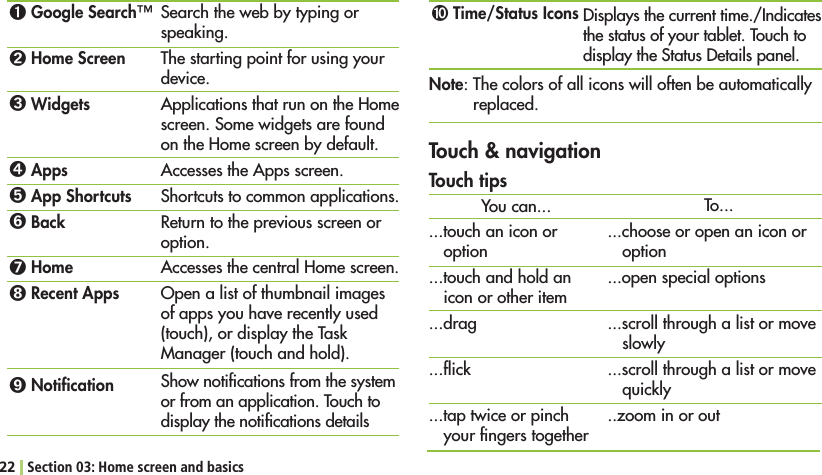 22 Section 03: Home screen and basicsߑ Google Search©ߒ Home Screenߓ Widgetsߔ Appsߕ App Shortcutsߖ Backߗ Homeߘ Recent Appsߙ NotiﬁcationSearch the web by typing or speaking.The starting point for using your device.!PPLICATIONSTHATRUNONTHE(OMEscreen. Some widgets are found ONTHE(OMESCREENBYDEFAULTAccesses the Apps screen.Shortcuts to common applications.Return to the previous screen or option.!CCESSESTHECENTRAL(OMESCREENOpen a list of thumbnail images of apps you have recently used (touch), or display the Task Manager (touch and hold). Show notiﬁcations from the system or from an application. Touch to display the notiﬁcations detailsߚ Time/Status Icons Displays the current time./Indicates the status of your tablet. Touch to display the Status Details panel.Touch &amp; navigationTouch tipsYou can......touch an icon or option...touch and hold an icon or other item...drag...ﬂick...tap twice or pinch your ﬁngers togetherTo......choose or open an icon or option...open special options...scroll through a list or move slowly...scroll through a list or move quickly..zoom in or outNote: The colors of all icons will often be automatically replaced.