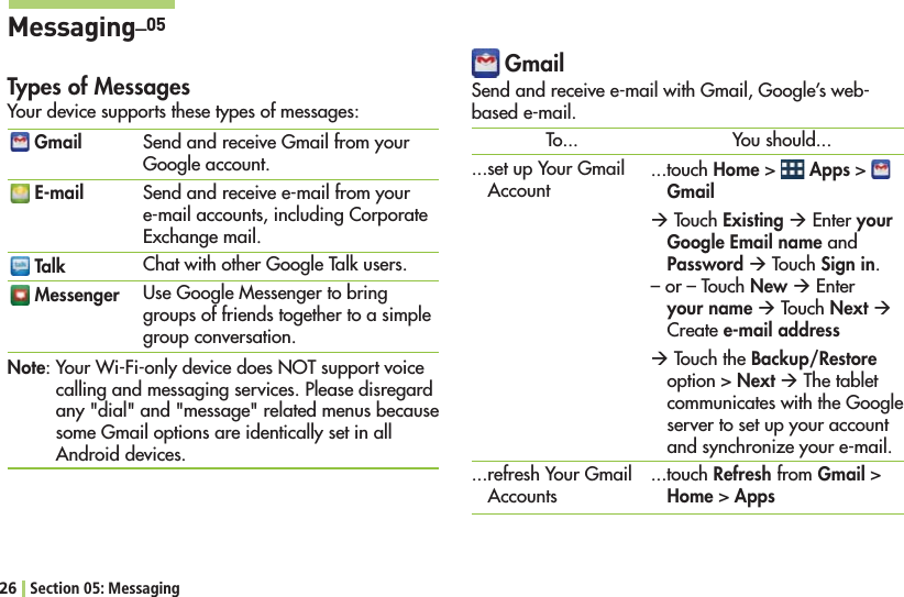 26 Section 05: Messaging Gmail E-mail Talk MessengerMessaging_05Types of MessagesYour device supports these types of messages:Send and receive Gmail from your Google account.Send and receive e-mail from your e-mail accounts, including Corporate %XCHANGEMAILChat with other Google Talk users.5SE&apos;OOGLE-ESSENGERTOBRINGgroups of friends together to a simple group conversation.Note9OUR7I&amp;IONLYDEVICEDOES./4SUPPORTVOICEcalling and messaging services. Please disregard any &quot;dial&quot; and &quot;message&quot; related menus because some Gmail options are identically set in all Android devices. GmailSend and receive e-mail with Gmail, Google’s web-based e-mail.To......set up Your Gmail Account...refresh Your Gmail AccountsYou should......touch Home &gt;   Apps &gt;   Gmail Æ Touch Existing Æ %NTERyour Google Email name and Password Æ Touch Sign in.– or – Touch New Æ %NTERyour name Æ Touch Next Æ Create e-mail addressÆ Touch the Backup/Restore option &gt; Next Æ The tablet communicates with the Google server to set up your account and synchronize your e-mail. ...touch Refresh from Gmail &gt; Home &gt; Apps