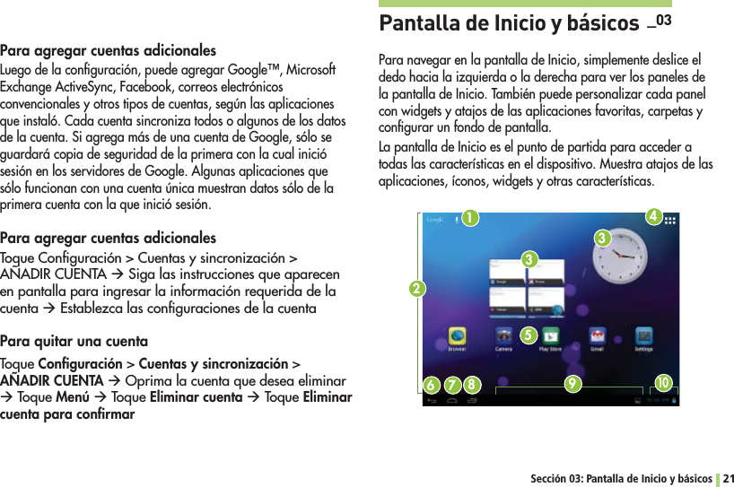 Sección 03: Pantalla de Inicio y básicos 21Para agregar cuentas adicionales,UEGODELACONlGURACIØNPUEDEAGREGAR&apos;OOGLE©-ICROSOFTExchange ActiveSync, Facebook, correos electrónicos convencionales y otros tipos de cuentas, según las aplicaciones que instaló. Cada cuenta sincroniza todos o algunos de los datos de la cuenta. Si agrega más de una cuenta de Google, sólo se guardará copia de seguridad de la primera con la cual inició sesión en los servidores de Google. Algunas aplicaciones que sólo funcionan con una cuenta única muestran datos sólo de la primera cuenta con la que inició sesión.Para agregar cuentas adicionales4OQUE#ONlGURACIØN#UENTASYSINCRONIZACIØNAÑADIR CUENTA Æ Siga las instrucciones que aparecen en pantalla para ingresar la información requerida de la cuenta Æ Establezca las conﬁguraciones de la cuentaPara quitar una cuentaToque ConﬁguraciónCuentas y sincronizaciónAÑADIR CUENTA Æ Oprima la cuenta que desea eliminar Æ Toque Menú Æ Toque Eliminar cuenta Æ Toque Eliminar cuenta para conﬁrmarPantalla de Inicio y básicos  _03Para navegar en la pantalla de Inicio, simplemente deslice el dedo hacia la izquierda o la derecha para ver los paneles de la pantalla de Inicio. También puede personalizar cada panel con widgets y atajos de las aplicaciones favoritas, carpetas y conﬁgurar un fondo de pantalla.La pantalla de Inicio es el punto de partida para acceder a todas las características en el dispositivo. Muestra atajos de las aplicaciones, íconos, widgets y otras características.16 7 1842353109