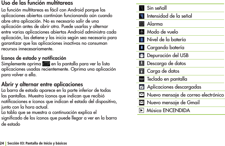   Sin señall  Intensidad de la señal  Alarma  Modo de vuelo  Nivel de la batería  Cargando batería  Depuración del USB  Descarga de datos  Carga de datos  Teclado en pantalla  Aplicaciones descargadas  Nuevo mensaje de correo electrónico  Nuevo mensaje de Gmail  Música ENCENDIDA24 Sección 03: Pantalla de Inicio y básicosUso de las función multitareasLa función multitareas es fácil con Android porque las aplicaciones abiertas continúan funcionando aún cuando abre otra aplicación. No es necesario salir de una aplicación antes de abrir otra. Puede usarlas y alternar entre varias aplicaciones abiertas Android administra cada aplicación, las detiene y las inicia según sea necesario para garantizar que las aplicaciones inactivas no consuman recursos innecesariamente.Íconos de estado y notiﬁcación Simplemente oprima   en la pantalla para ver la lista aplicaciones usadas recientemente. Oprima una aplicación para volver a ella.Abrir y alternar entre aplicacionesLa barra de estado aparece en la parte inferior de todas las pantallas. Muestra íconos que indican que recibió notiﬁcaciones e íconos que indican el estado del dispositivo, junto con la hora actual.La tabla que se muestra a continuación explica el signiﬁcado de los íconos que puede llegar a ver en la barra de estado